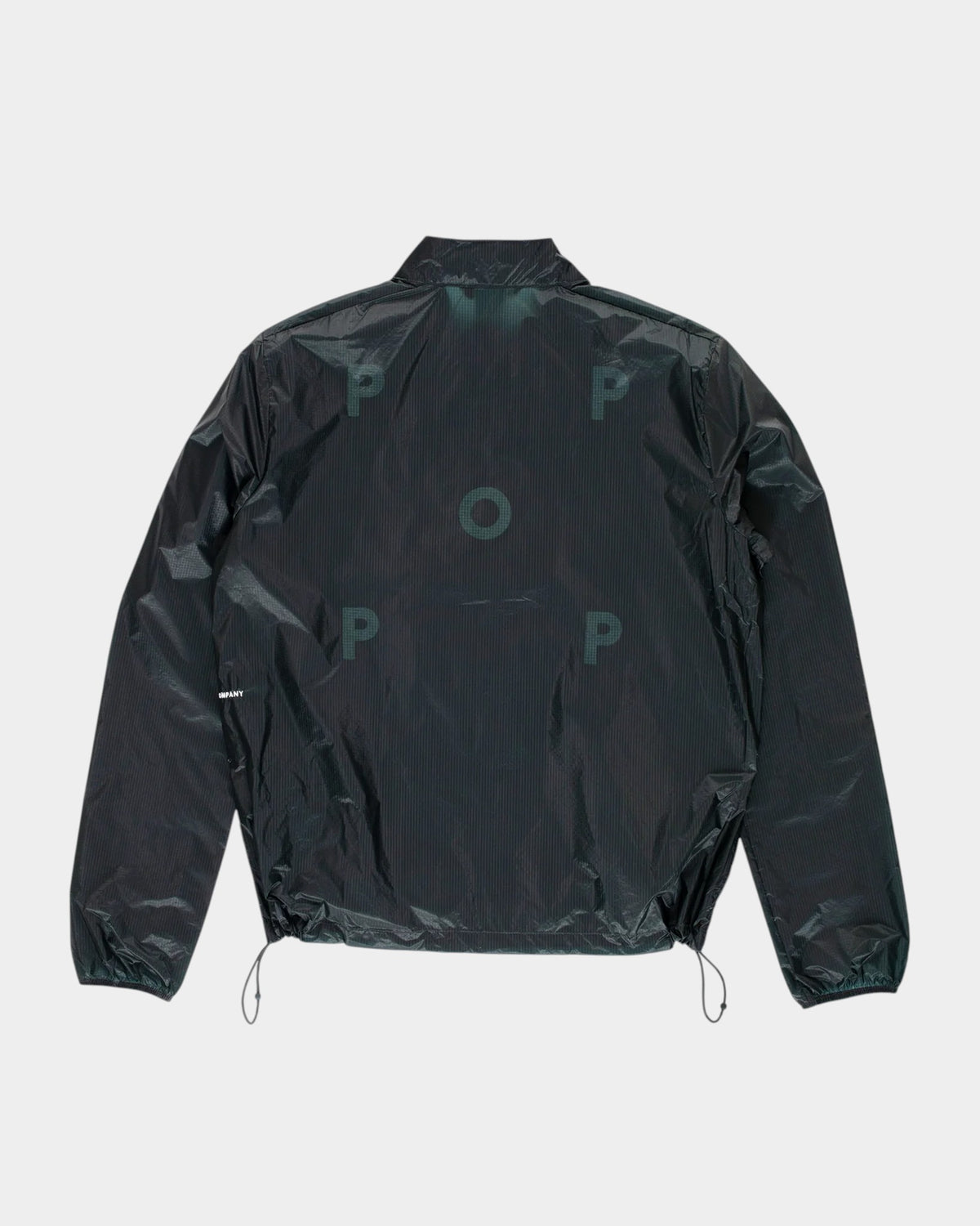 Lockwood Avenue Pop Trading Company black nylon team jacket with back logo print and adjustable hem cord locks