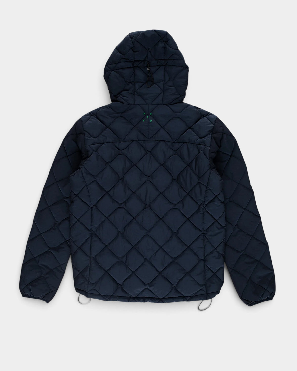 Lockwood Avenue Pop Trading Company navy quilted nylon hooded jacket with back embroidery, back view