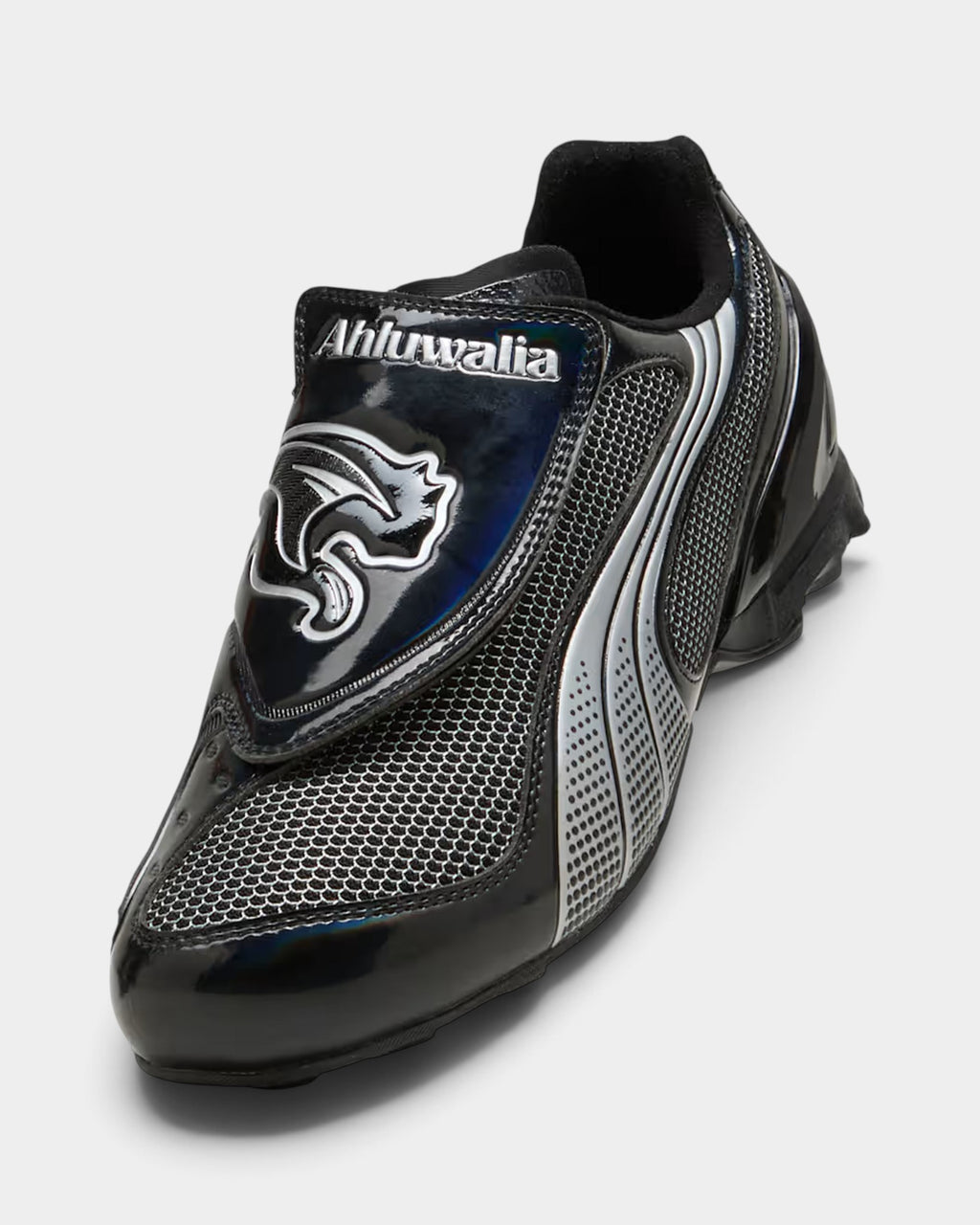 Lockwood Avenue Puma Ahluwalia V-S1 black sneakers with silver accents and front strap closure in 2000s football style