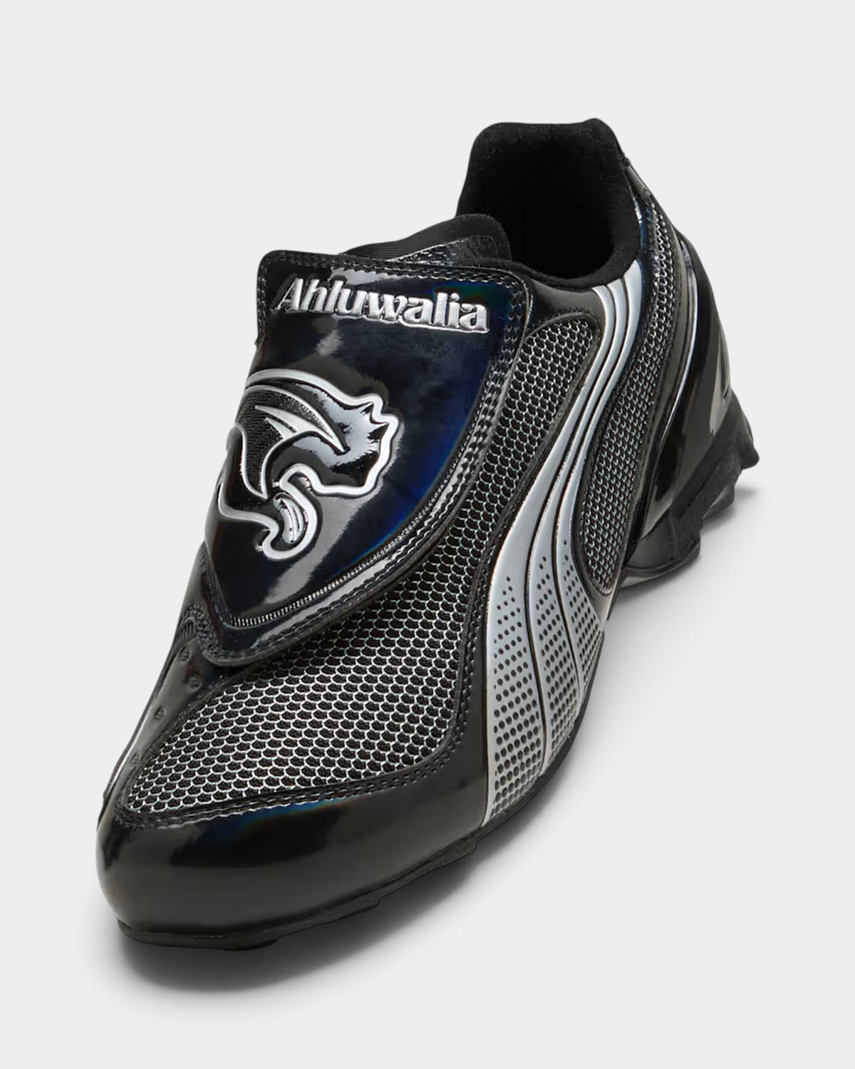 Lockwood Avenue Puma Ahluwalia V-S1 black sneakers with silver accents and front strap closure in 2000s football style