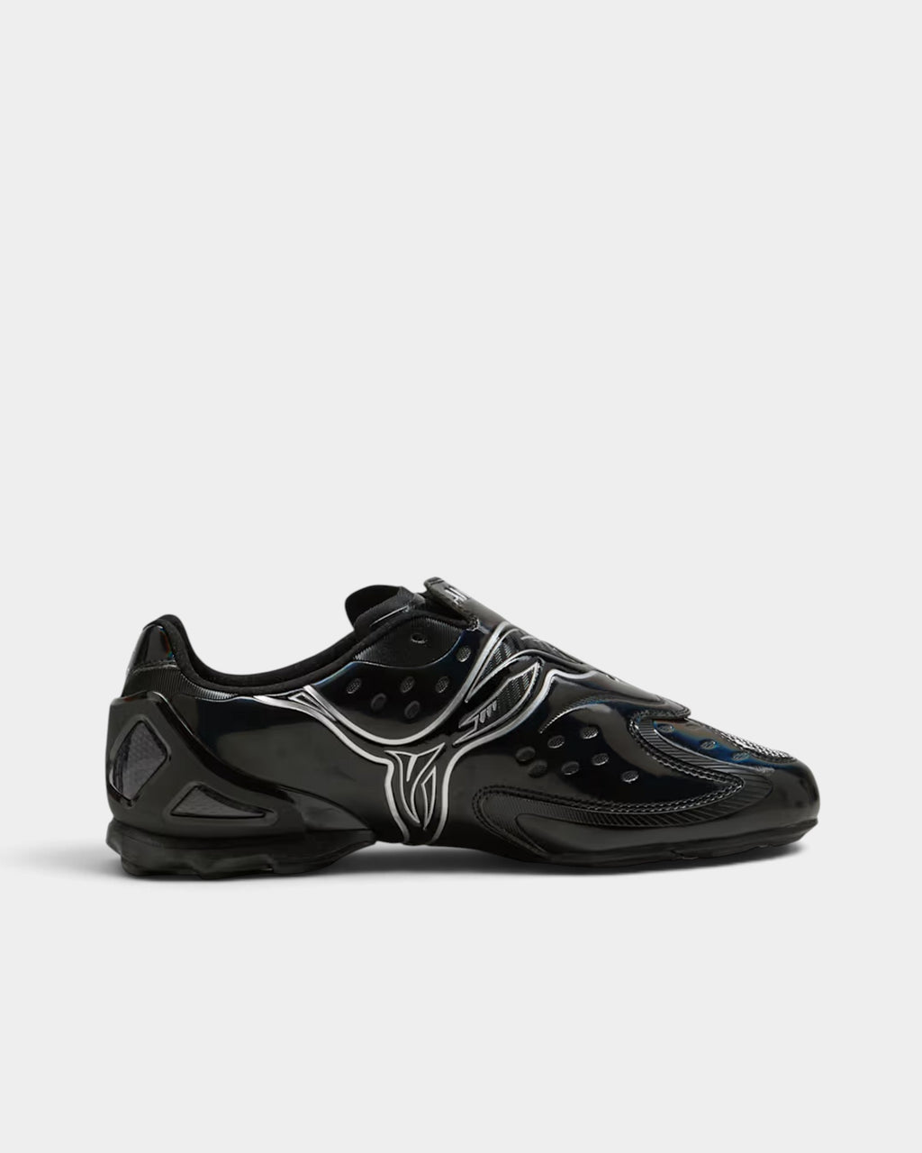 Lockwood Avenue Puma Ahluwalia V-S1 black football-inspired sneakers with silver detailing and front strap closure.