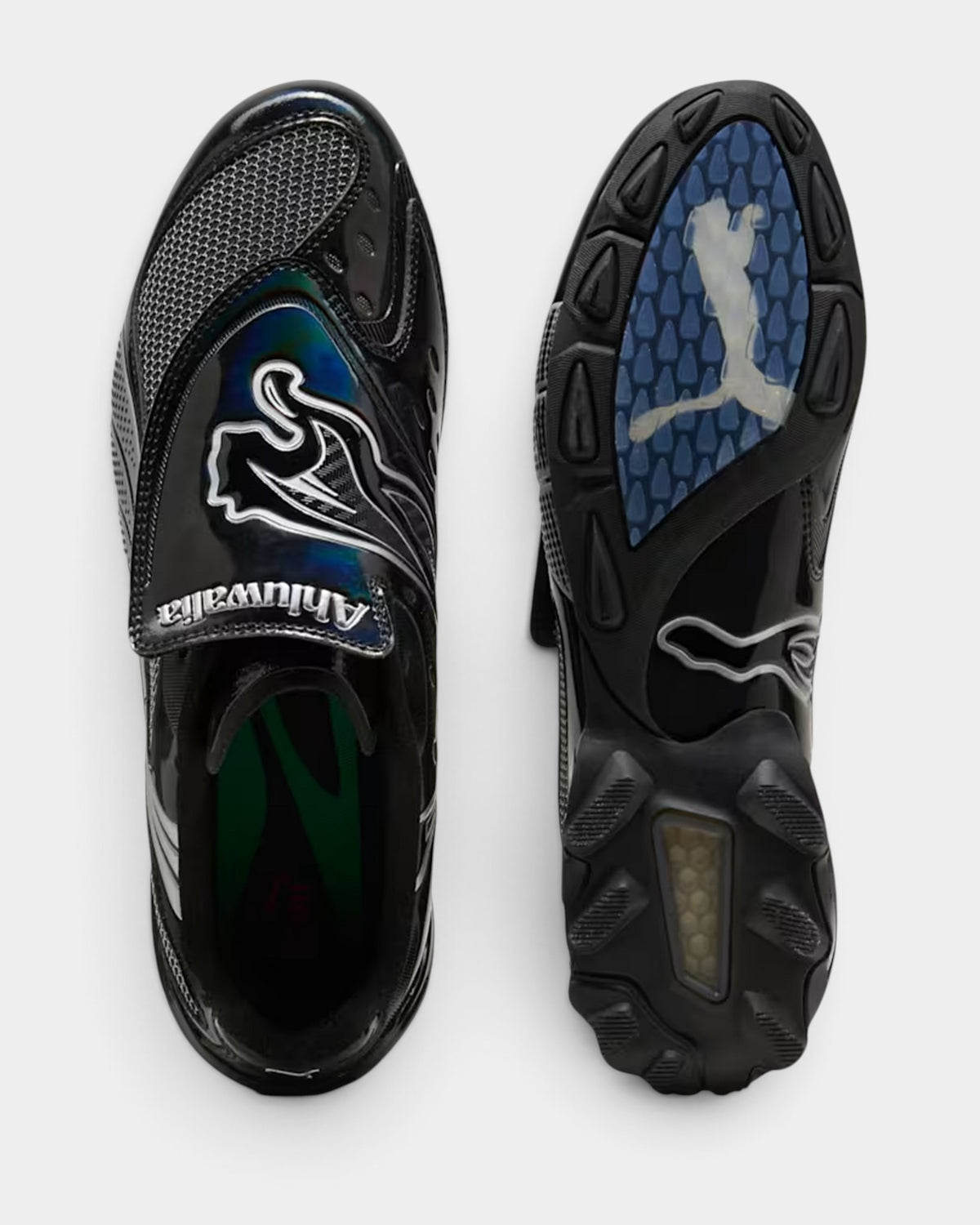 Lockwood Avenue Puma Ahluwalia V-S1 black football-inspired sneakers with silver strap detail and rubber outsole