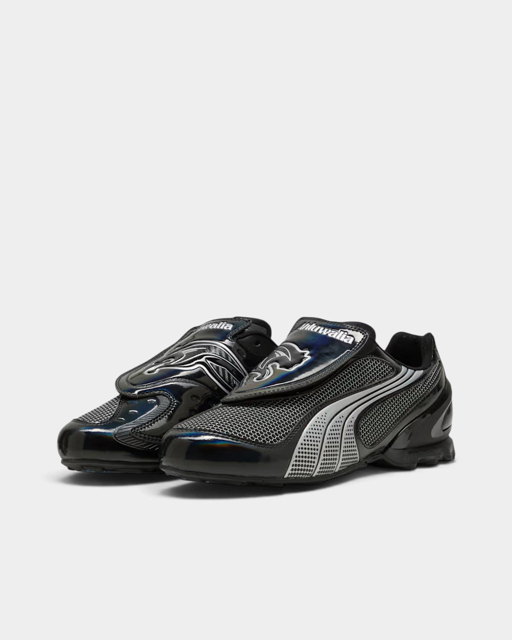 Lockwood Avenue Puma Ahluwalia V-S1 black sneakers with silver accents, front strap, and 2000s football-inspired design