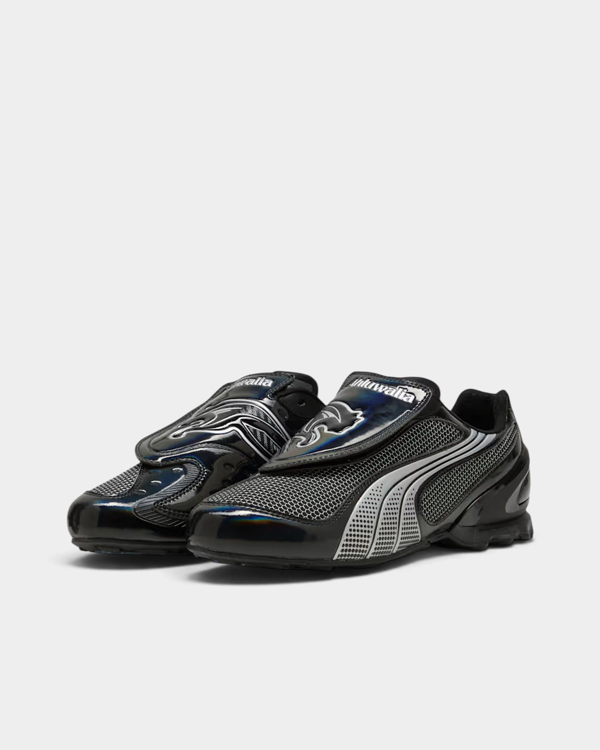 Lockwood Avenue Puma Ahluwalia V-S1 black sneakers with silver accents, front strap, and 2000s football-inspired design