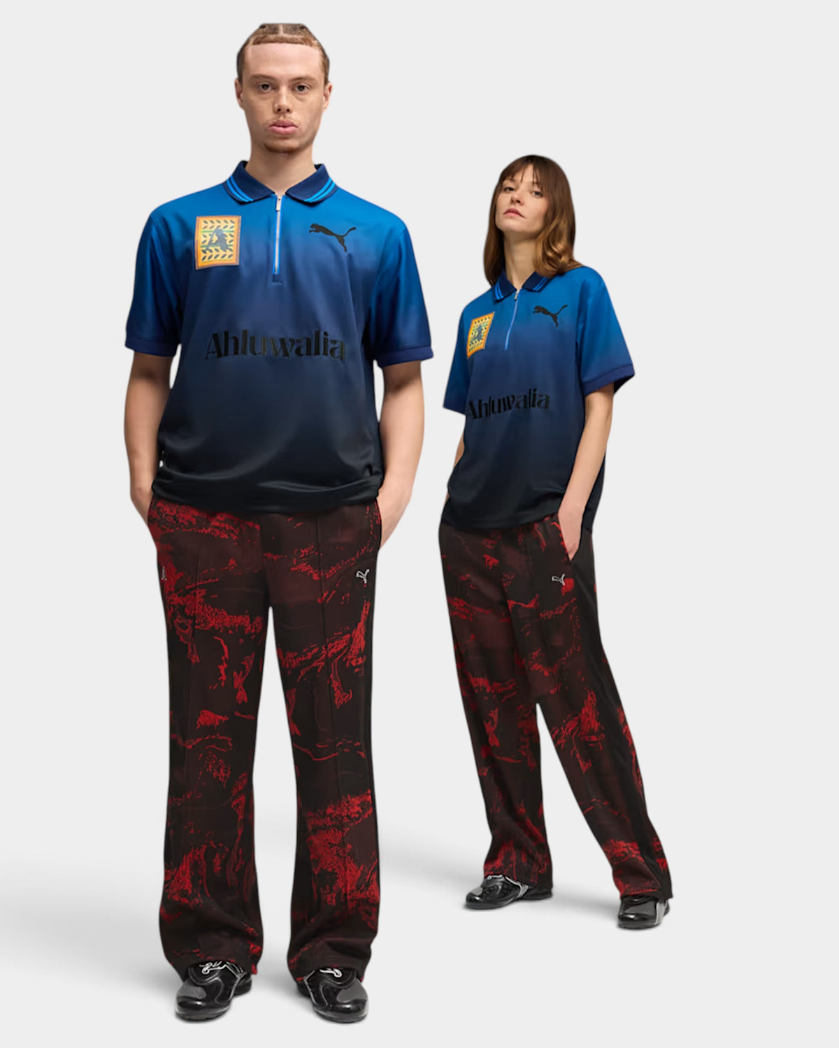 Lockwood Avenue Puma x Ahluwalia collaboration featuring models in blue gradient polo shirts and red patterned trousers