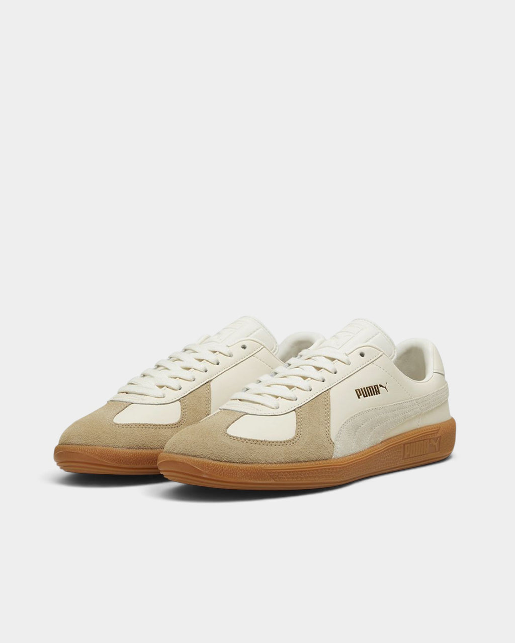 Lockwood Avenue Puma Army Trainer shoes in sugared almond leather and prairie tan suede with a gum rubber sole.
