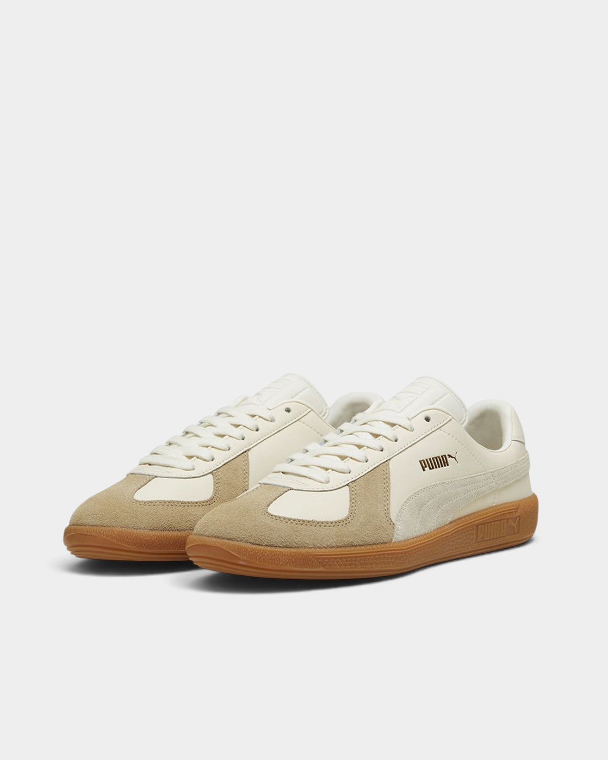 Lockwood Avenue Puma Army Trainer shoes in sugared almond leather and prairie tan suede with a gum rubber sole.