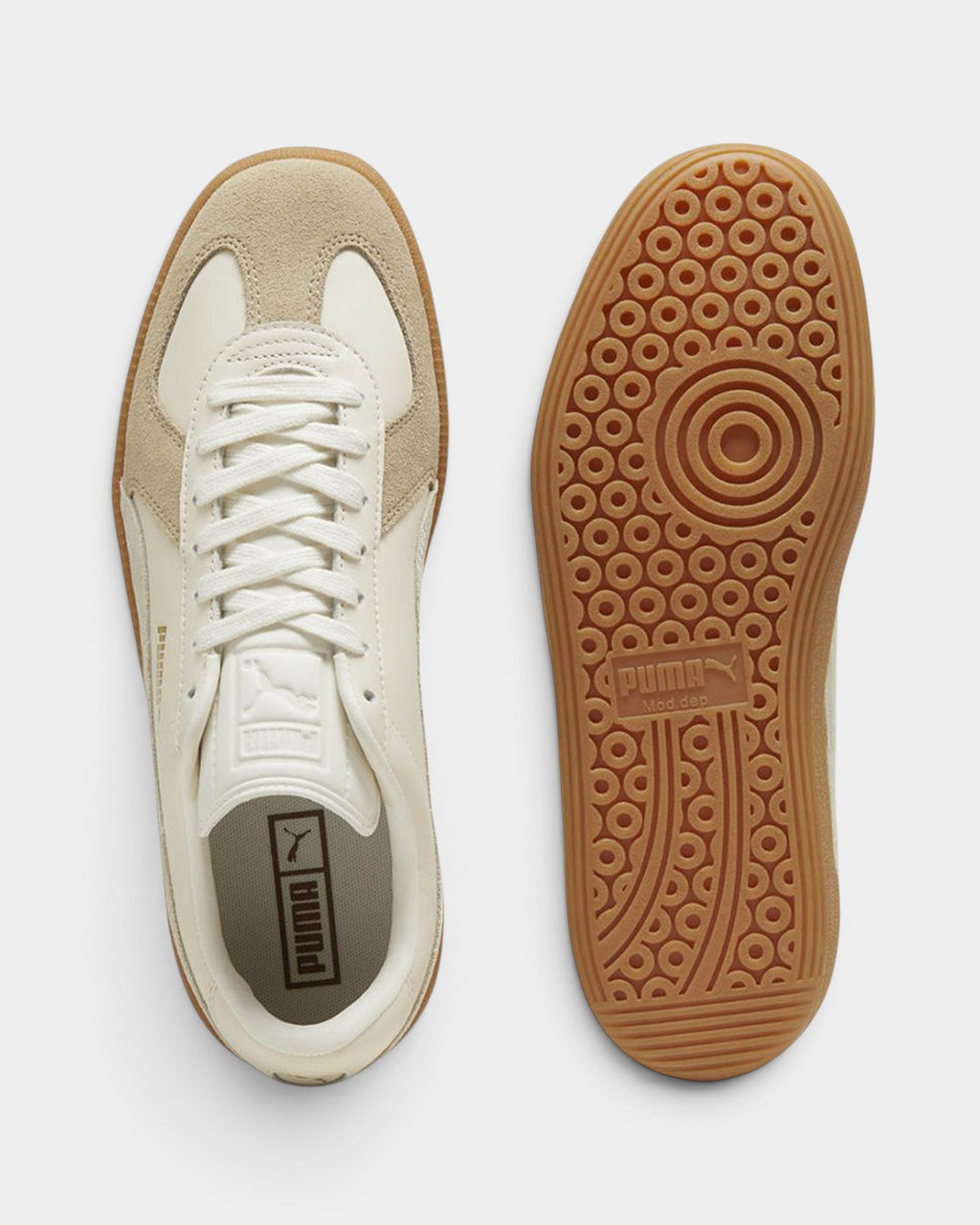 Lockwood Avenue Puma Army Trainer shoes in sugared almond leather and prairie tan suede with a gum rubber sole.