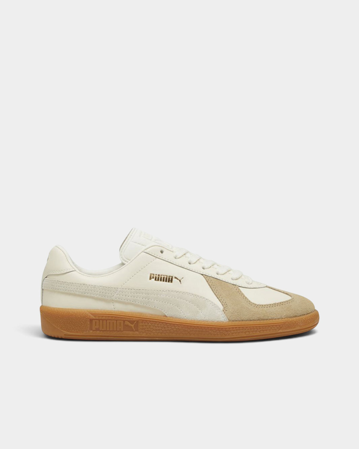 Lockwood Avenue Puma Army Trainer sneakers in sugared almond leather and prairie tan suede with a gum rubber sole.
