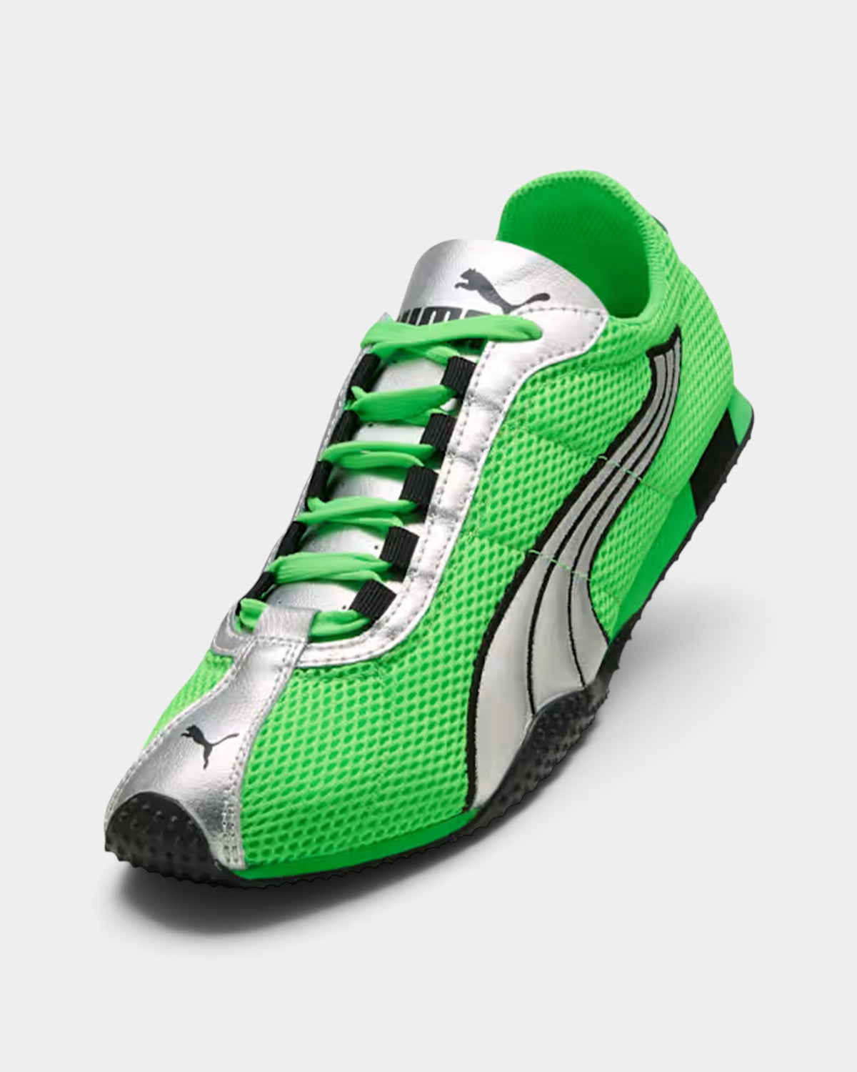 Lockwood Avenue Puma H-Street OG running shoes in bright fizzy-green mesh with metallic silver overlays.