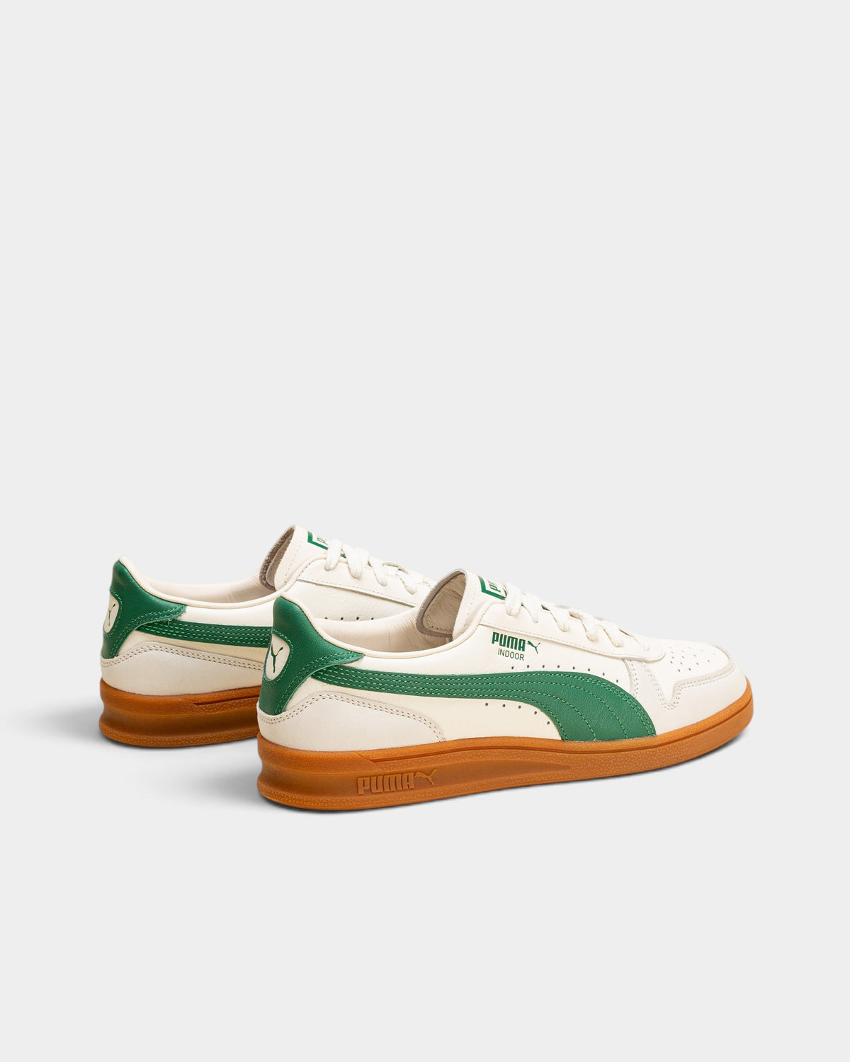 Lockwood Avenue Puma Indoor OG sneakers in frosted ivory leather with vine green accents and a gum rubber outsole.