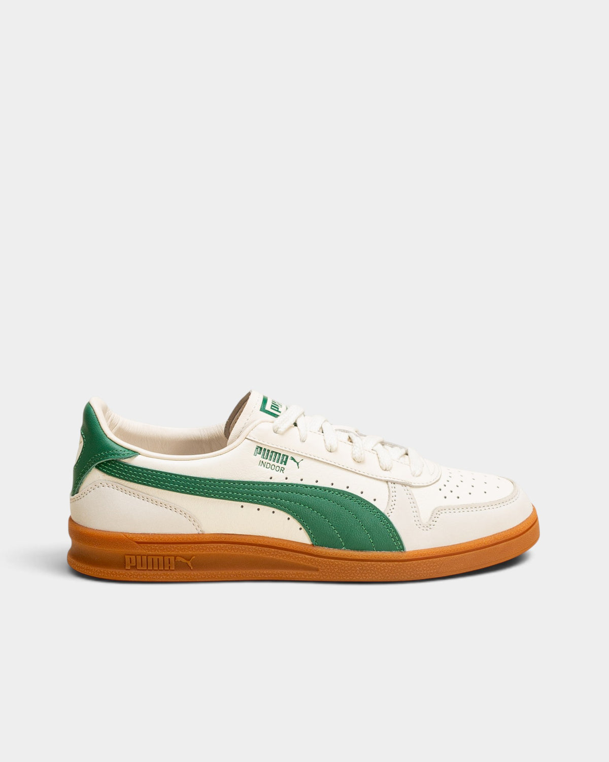 Lockwood Avenue Puma Indoor OG sneakers in frosted ivory leather with vine green accents and a gum rubber outsole.