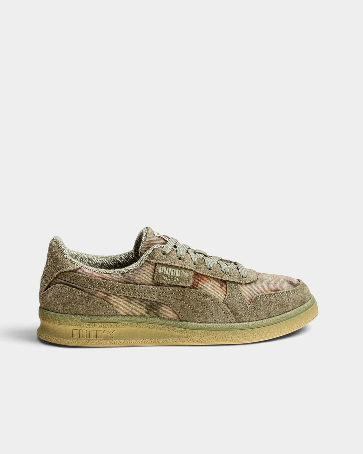 Lockwood Avenue Puma KidSuper Indoor sneakers in distressed army green canvas and suede with artistic graphics.