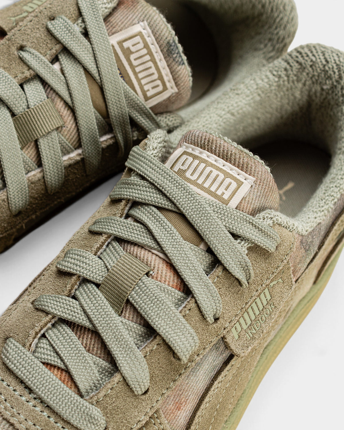 Lockwood Avenue Puma KidSuper Indoor sneakers in lux army green with distressed canvas and suede overlays