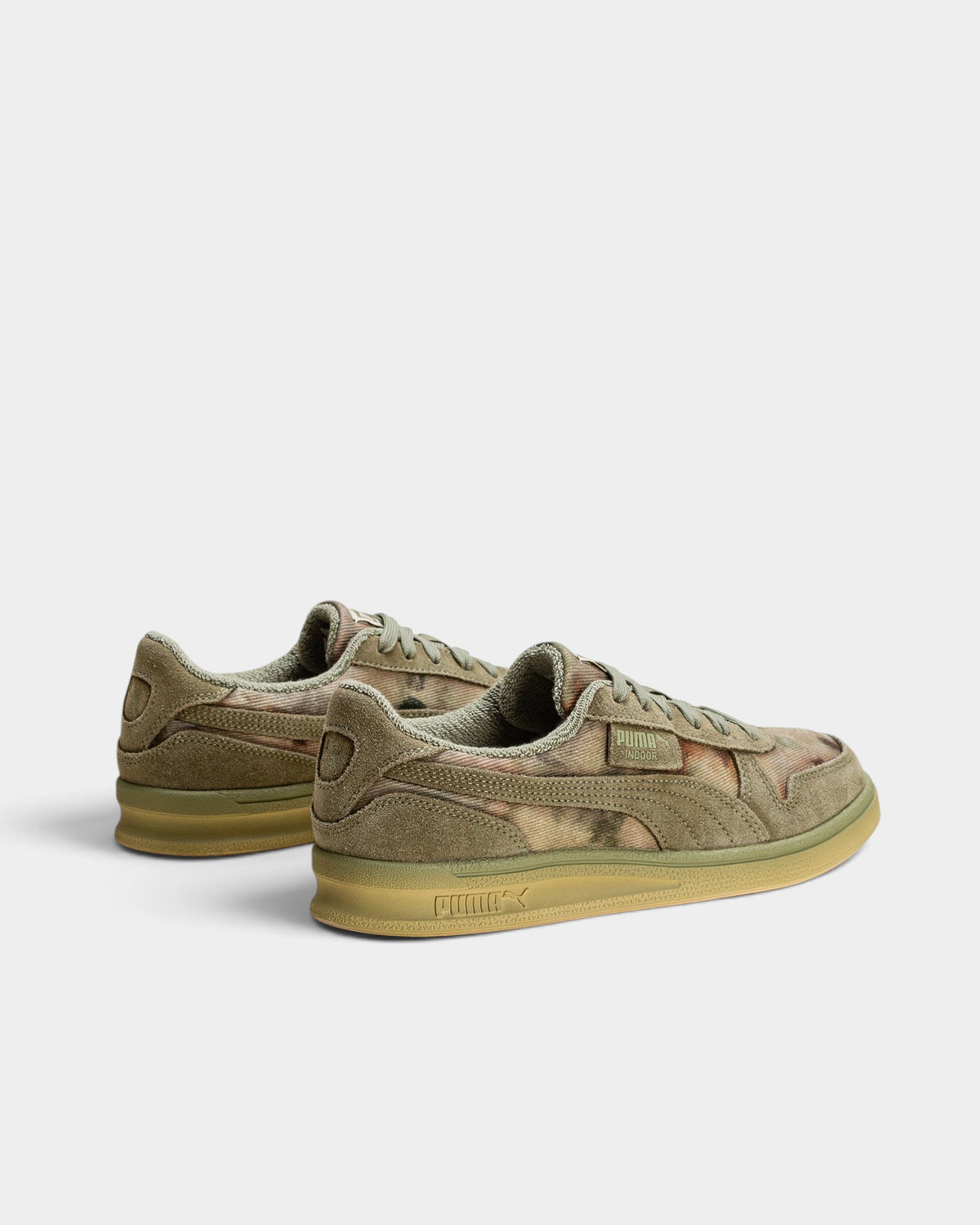 Lockwood Avenue Puma KidSuper Indoor sneakers in distressed army green canvas and suede with a gum sole.