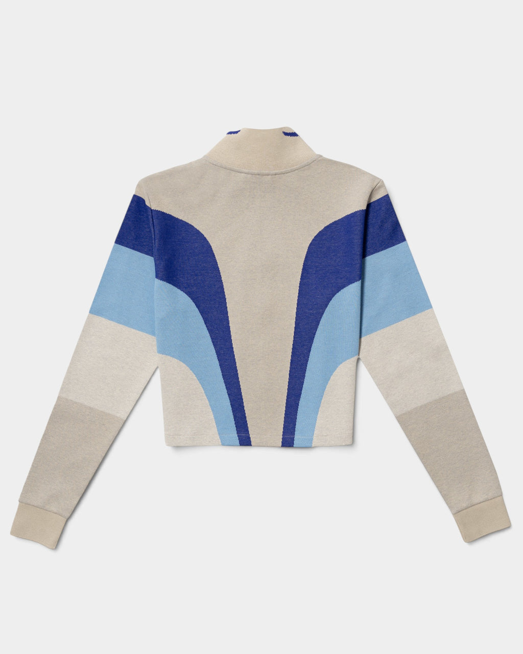 Lockwood Avenue Puma x KidSuper women's jacquard knit track top in beige and blue with a ribbed stand-up collar.