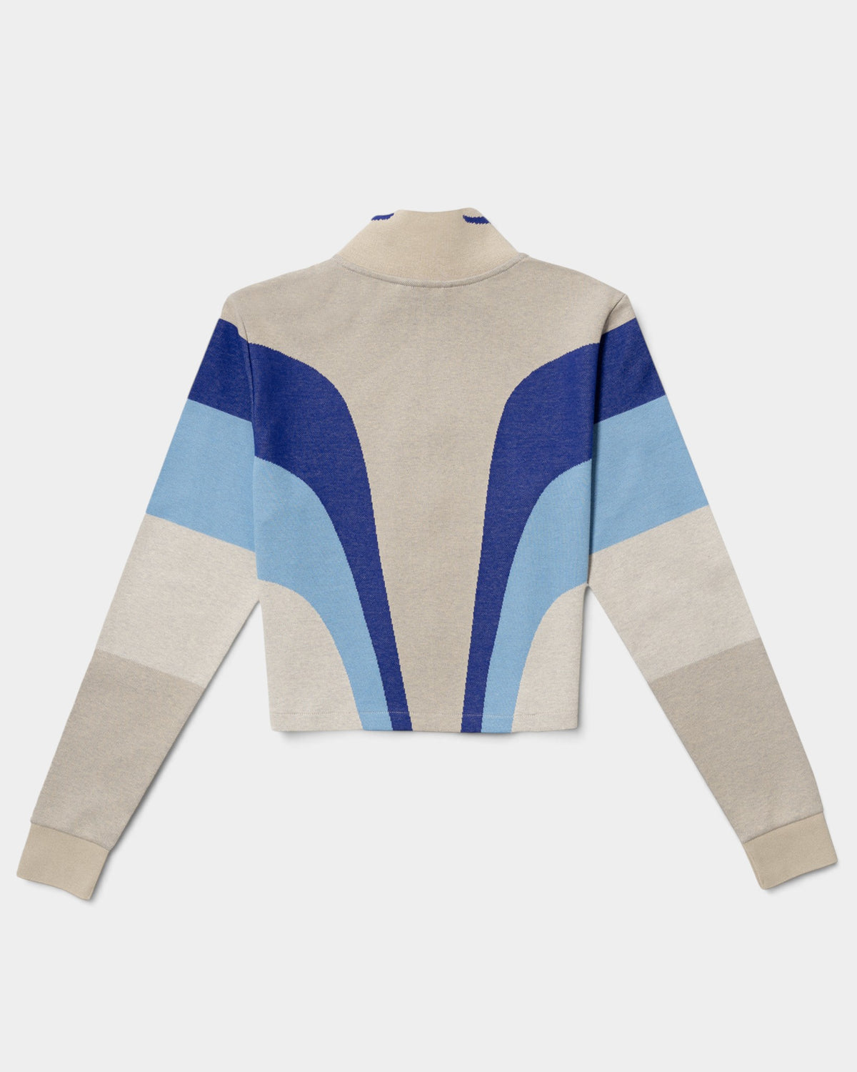 Lockwood Avenue Puma x KidSuper women's jacquard knit track top in beige and blue with a ribbed stand-up collar.