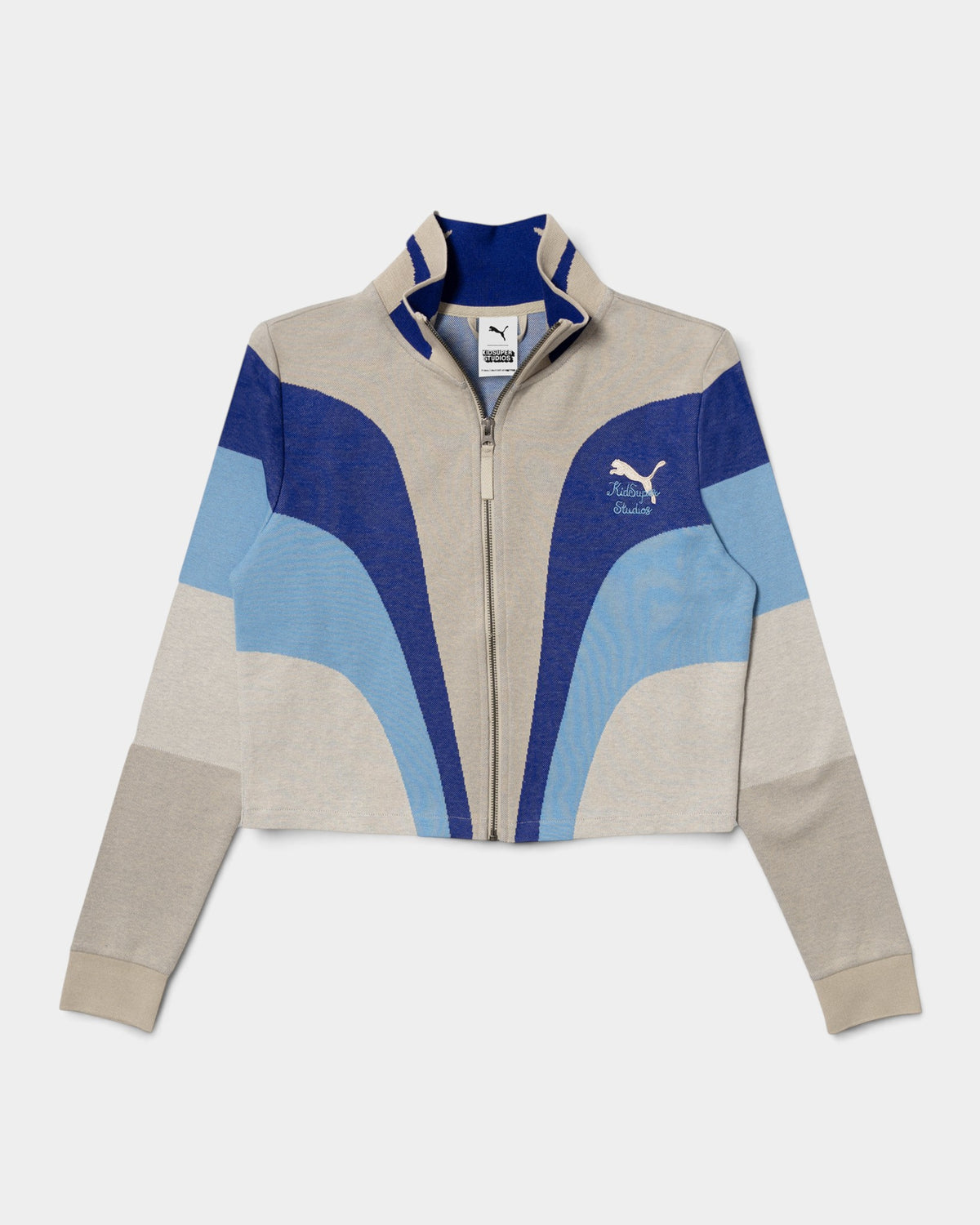 Lockwood Avenue Puma x KidSuper women's cropped jacquard knit track top in grey and blue with full zip and logo.
