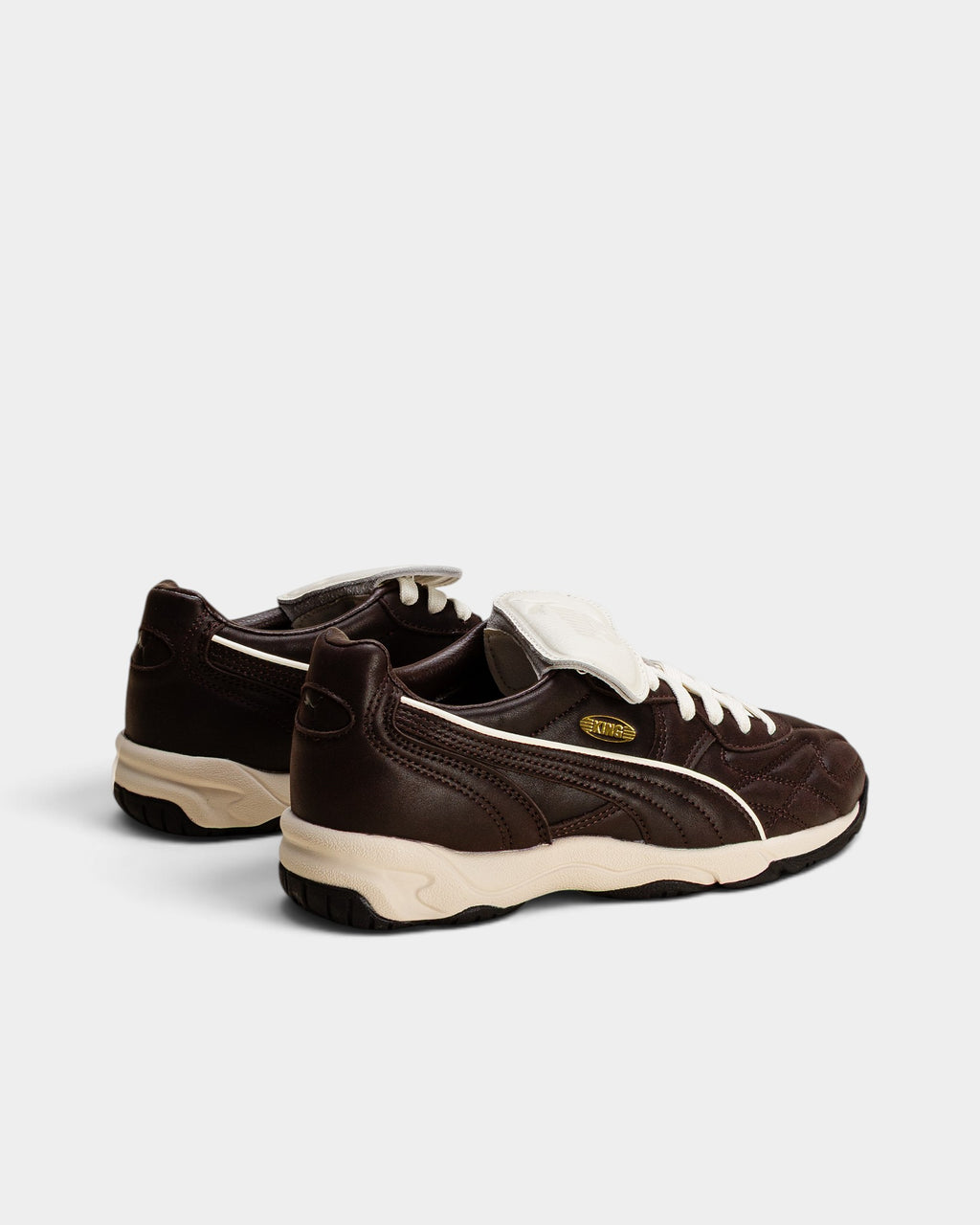Lockwood Avenue Puma King Indoor premium leather shoes in dark chocolate brown with warm white accents and fold-over tongue