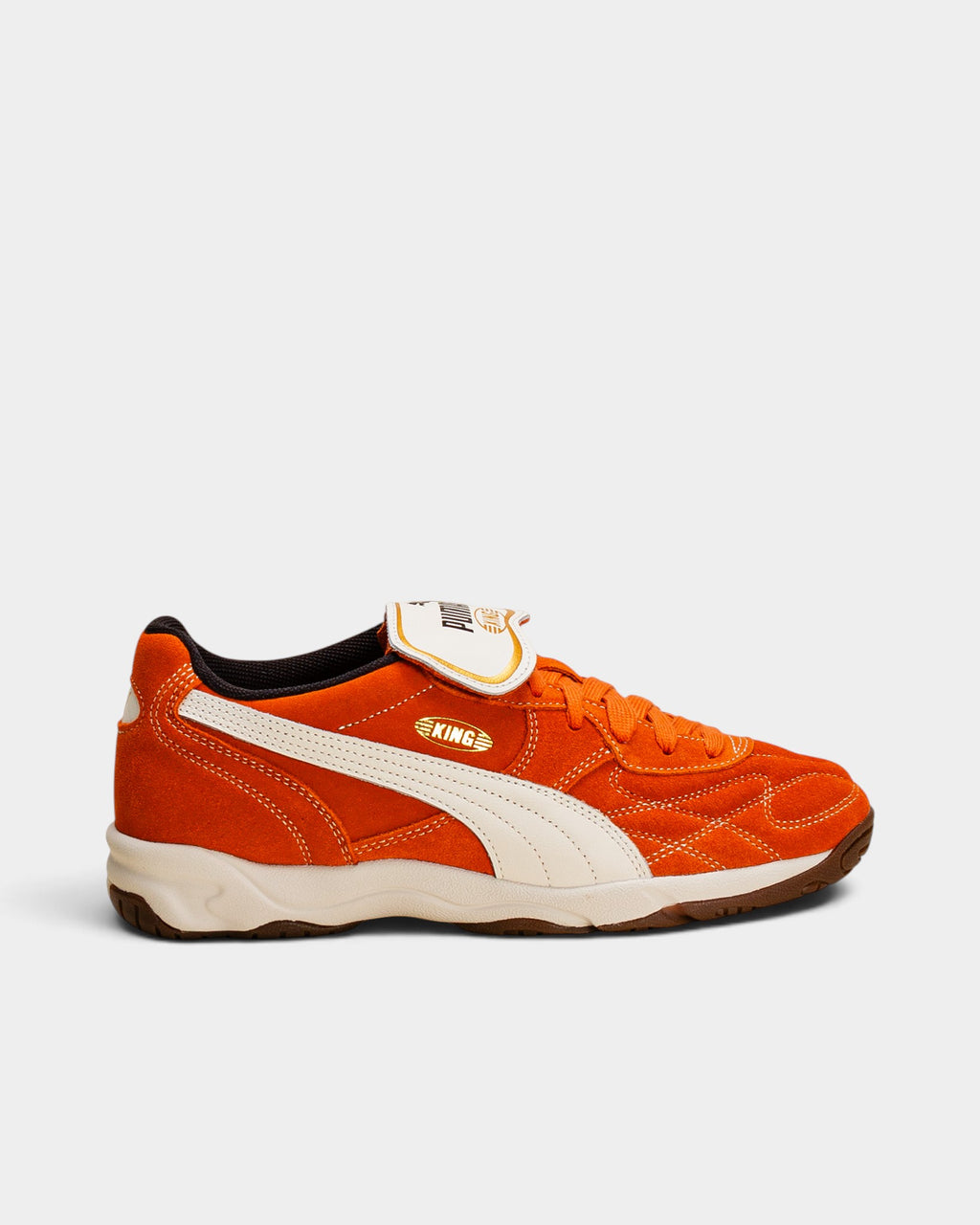 Lockwood Avenue Puma King Indoor Royalty shoes in maple syrup brown hairy suede with a frosted ivory folded tongue.