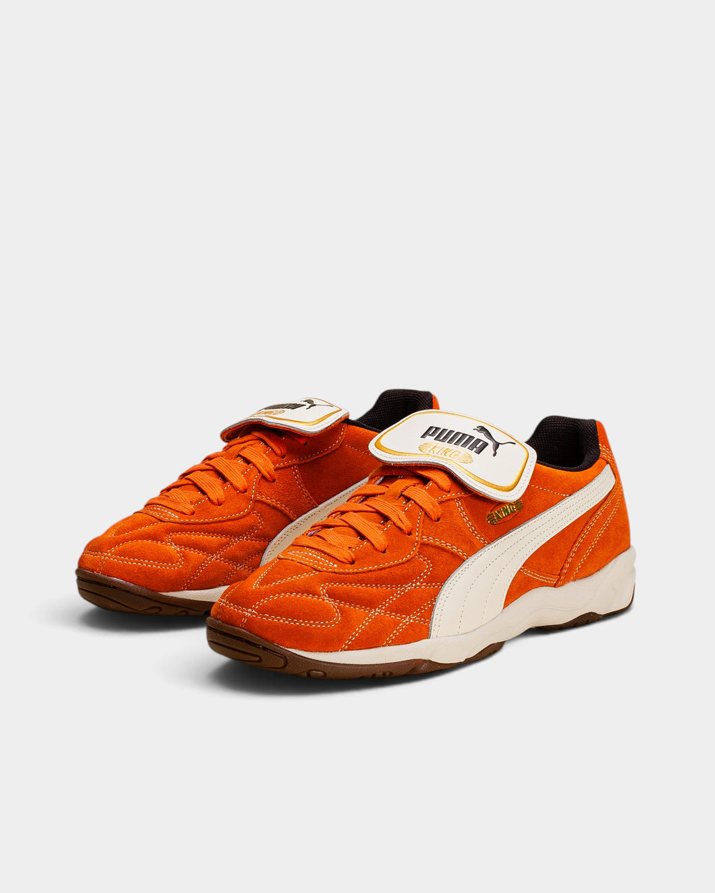 Lockwood Avenue Puma King Indoor Royalty sneakers in maple syrup brown hairy suede with a folded tongue and ivory trim.