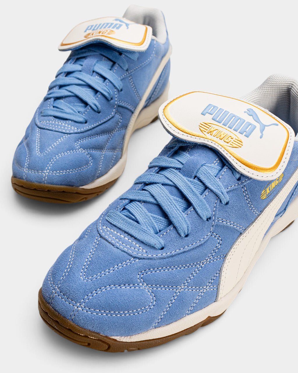 Lockwood Avenue Puma King Indoor Royalty shoes in Day Dream blue hairy suede with a removable folded tongue.