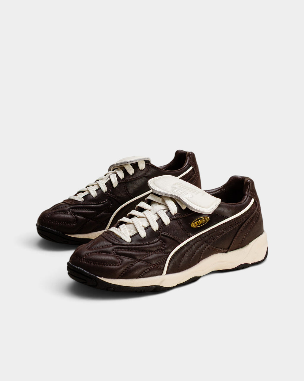 Lockwood Avenue Puma King Indoor Premium leather shoes in dark chocolate brown with a white fold-over tongue.
