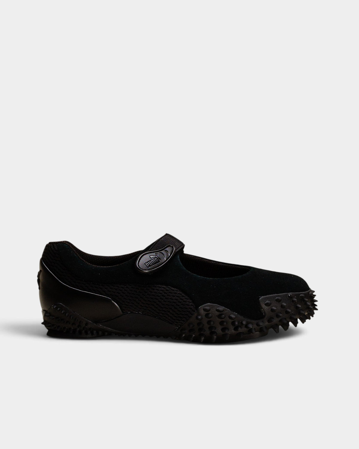 Lockwood Avenue Puma Mostro Fey PRM black Mary Jane shoe with suede, mesh, and signature spiked rubber outsole.
