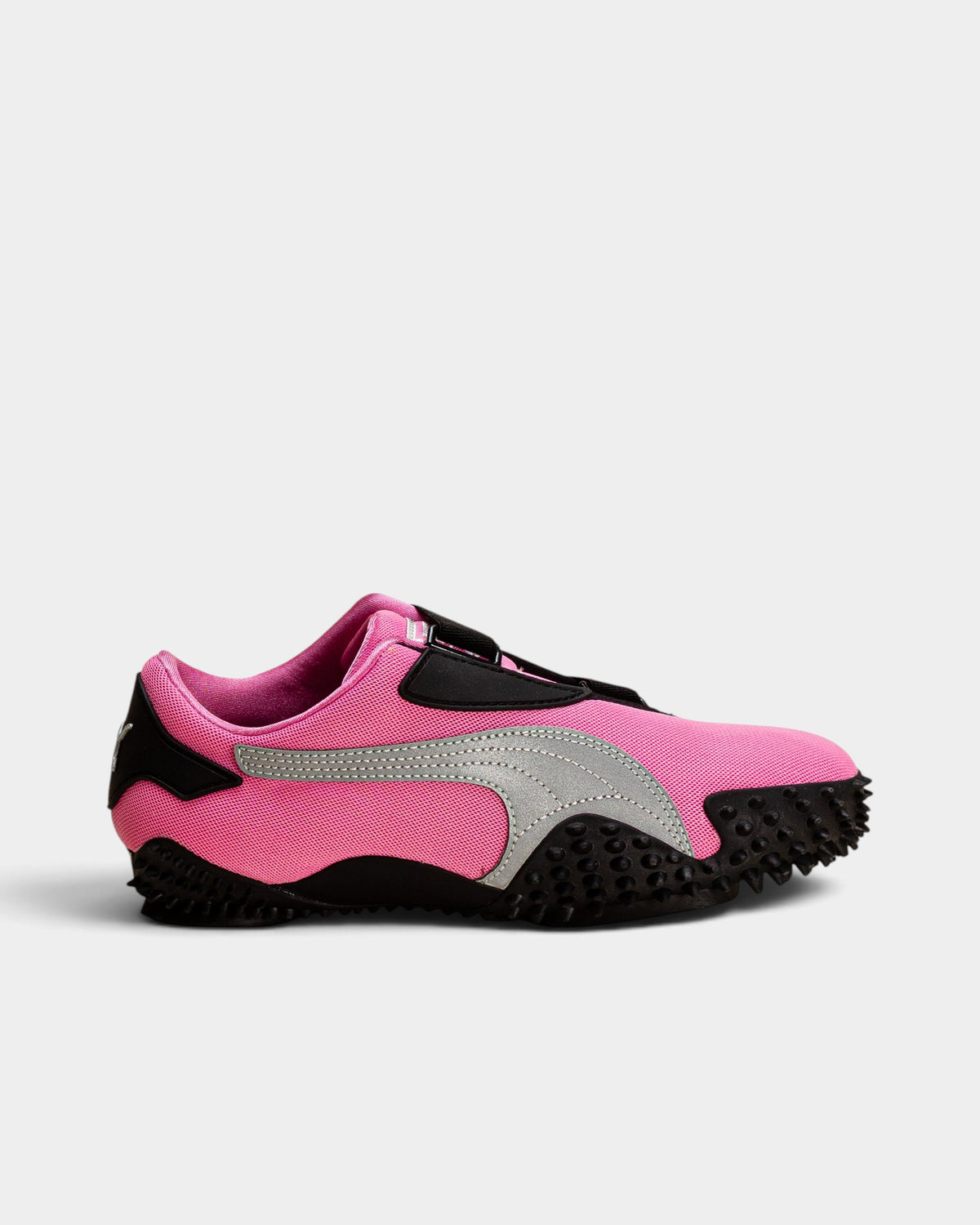 Lockwood Avenue Puma Mostro OG low-profile slip-on sneaker in Posie Pink with silver and black spiked rubber outsole.
