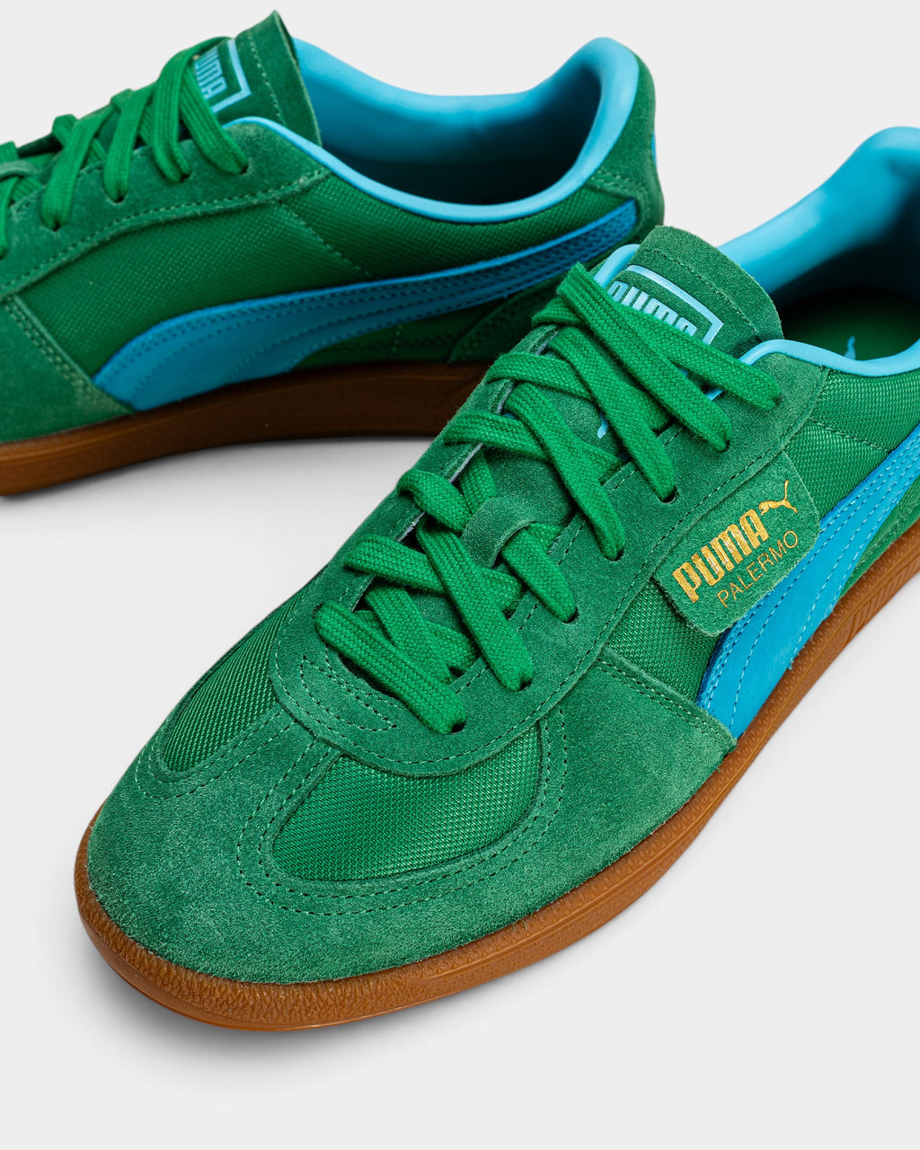 Lockwood Avenue Puma Palermo Vintage Update sneakers in archive green textile and suede with bright aqua formstrip.