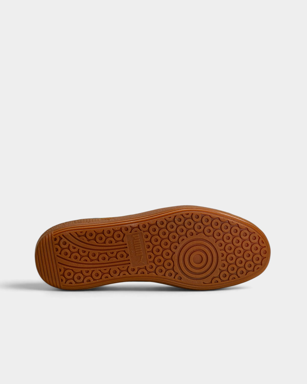Lockwood Avenue Puma Palermo Vintage Update sneakers showing the brown gum rubber outsole with circular tread pattern