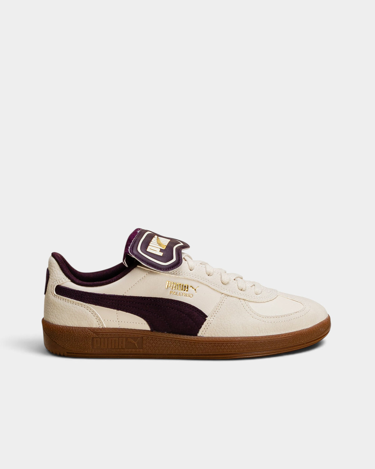 Lockwood Avenue Puma Palermo Premium sneakers in Alpine Snow off-white leather with Midnight Plum accents and gum sole