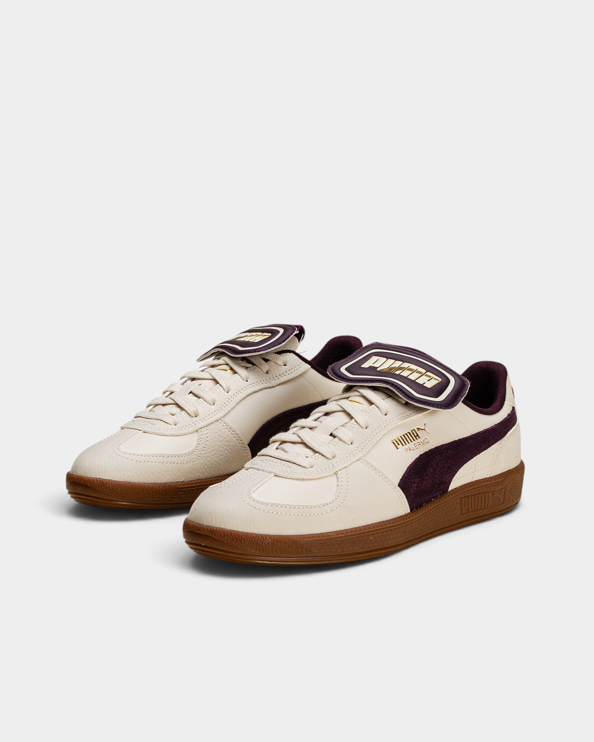 Lockwood Avenue Puma Palermo Premium sneakers in Alpine Snow off-white leather with Midnight Plum accents and gum sole