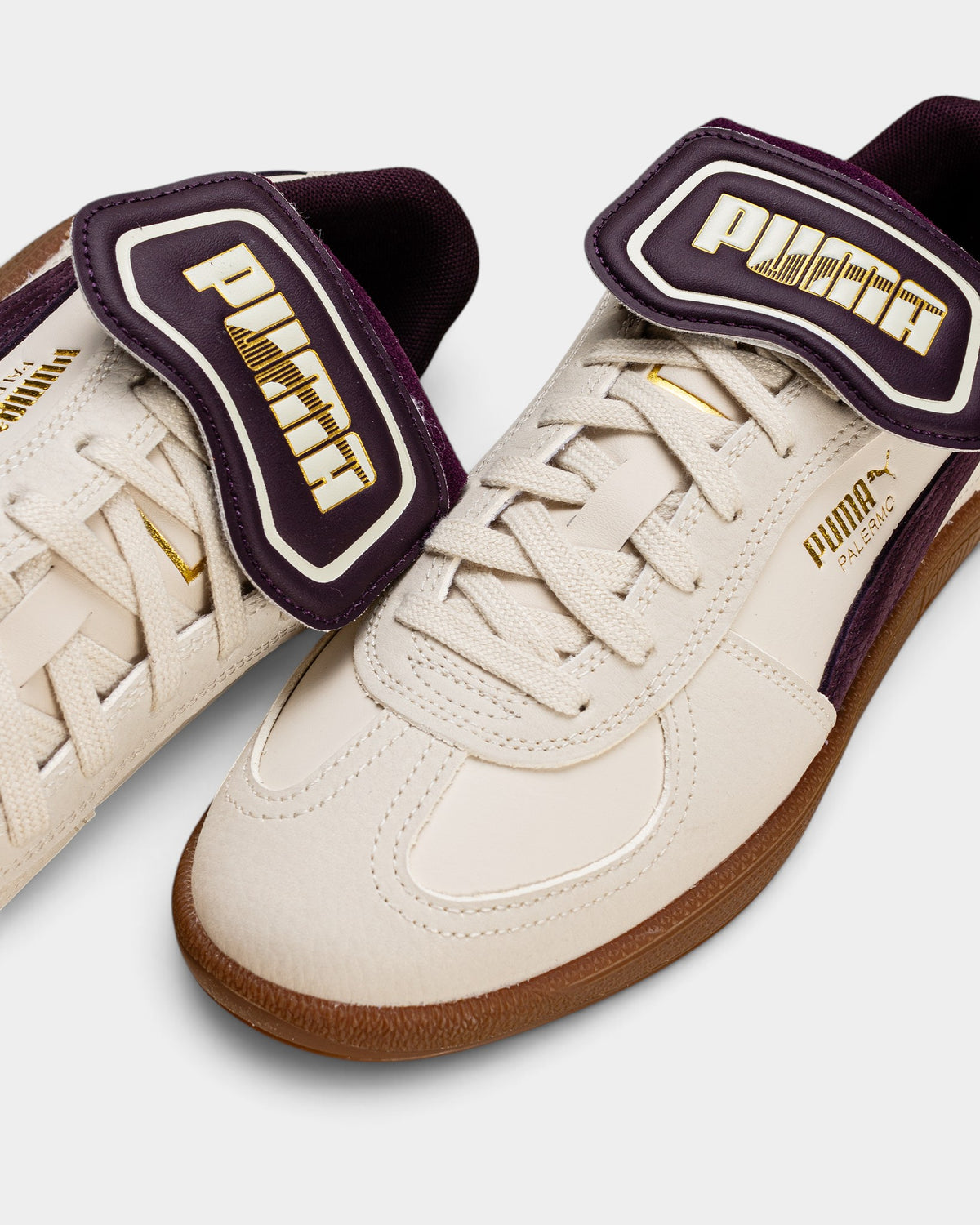 Lockwood Avenue Puma Palermo Premium sneakers in Alpine Snow off-white leather with Midnight Plum accents and gold logo