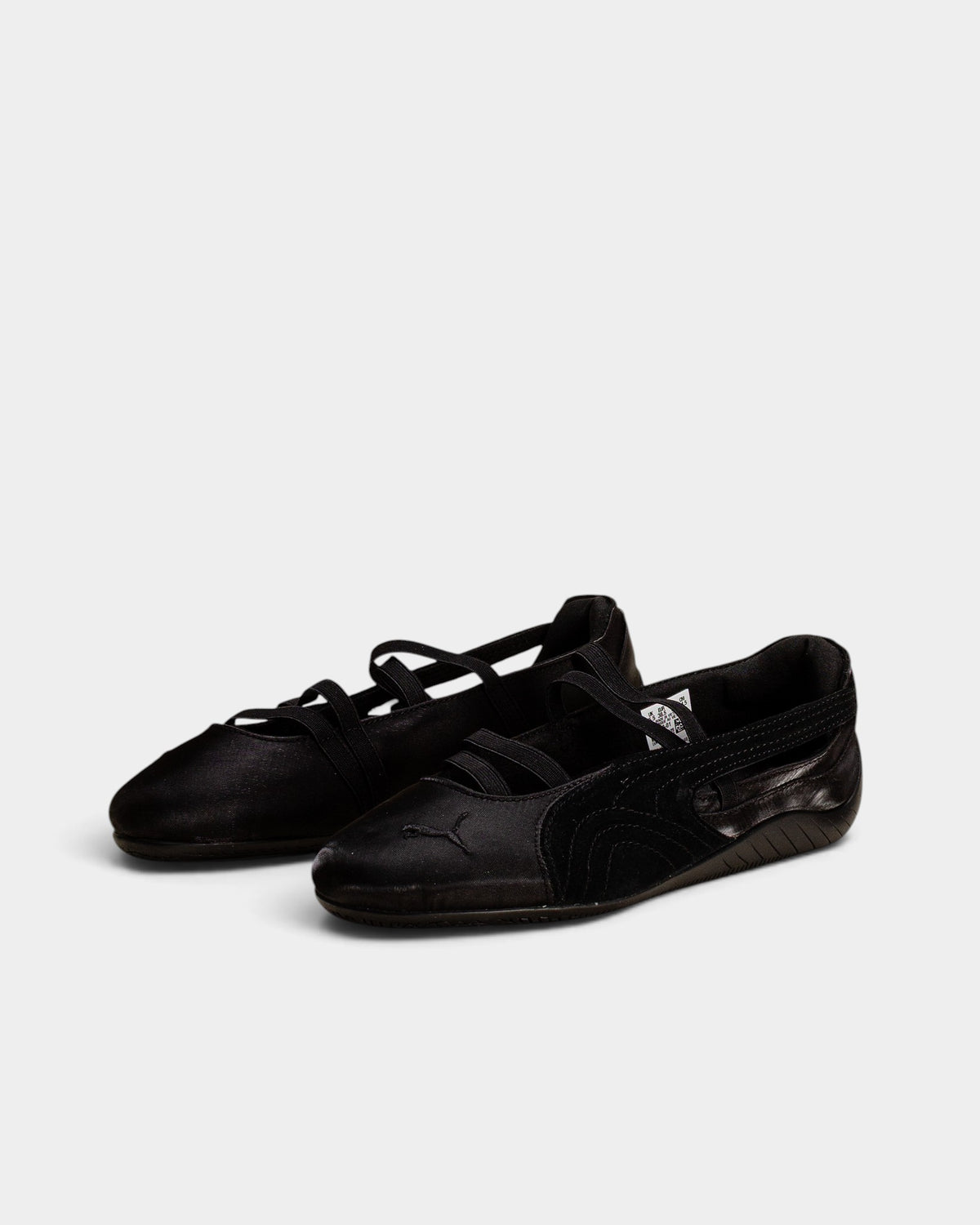 Lockwood Avenue Puma Speedcat ballet flats in black satin with suede Formstrip and elastic instep straps