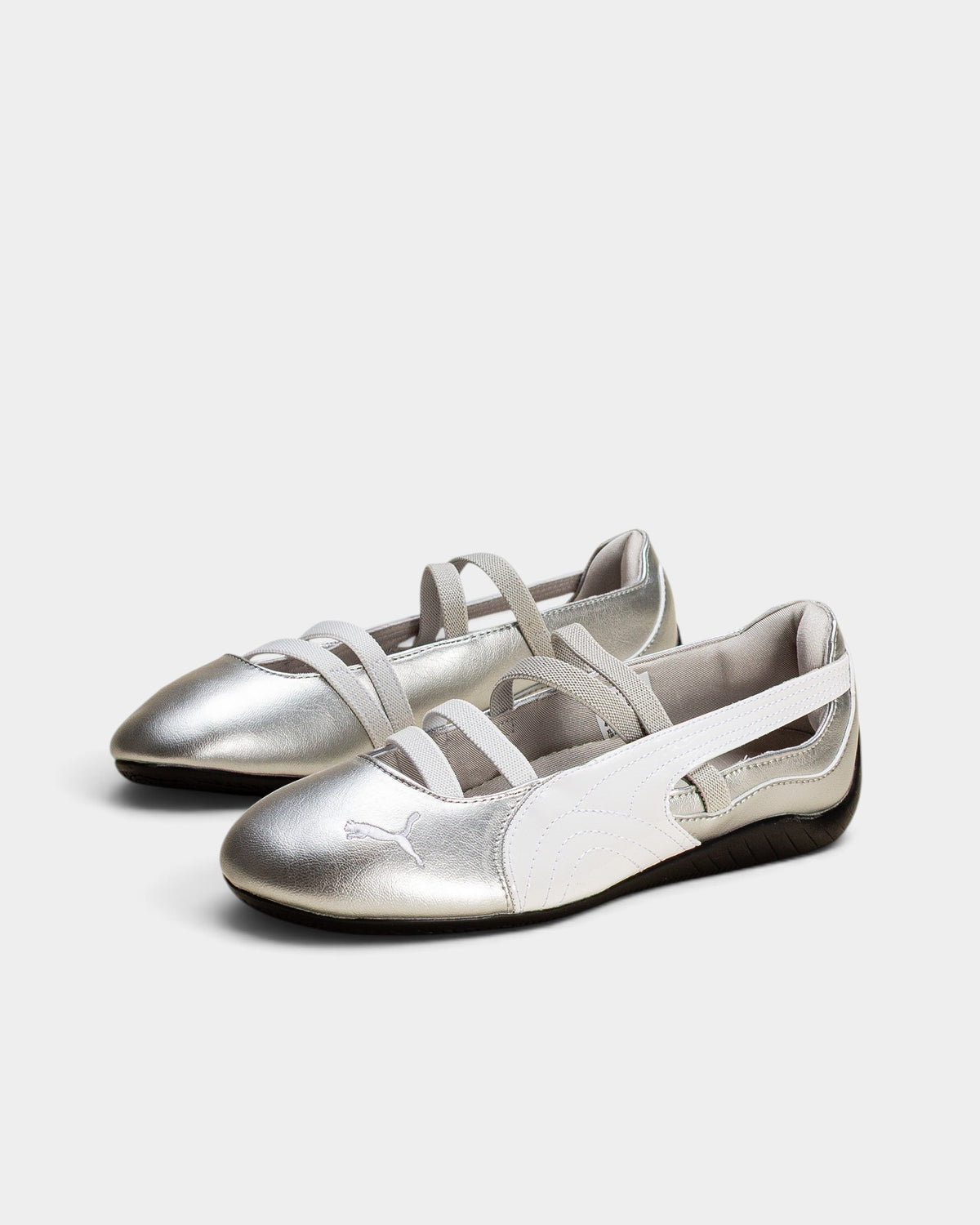 Lockwood Avenue Puma Speedcat Ballet Metallic silver leather flats with white elastic straps and embroidered logo