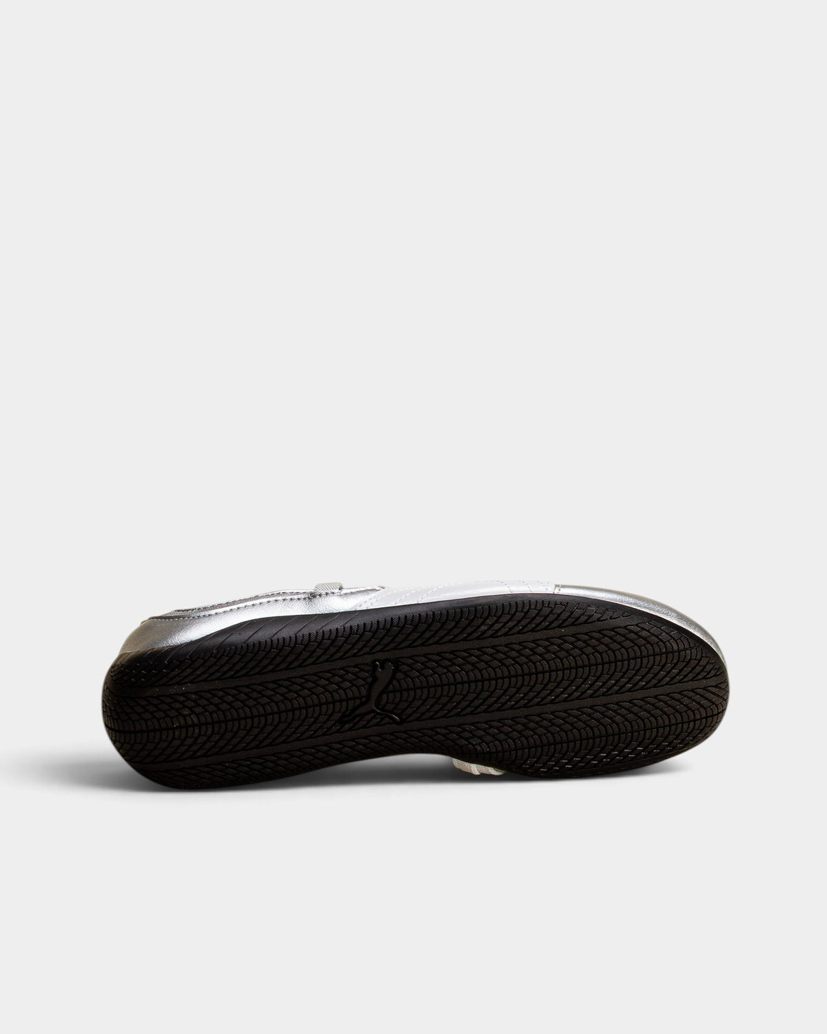 Lockwood Avenue Puma Speedcat Ballet metallic silver flat shoe showing the textured black rubber outsole