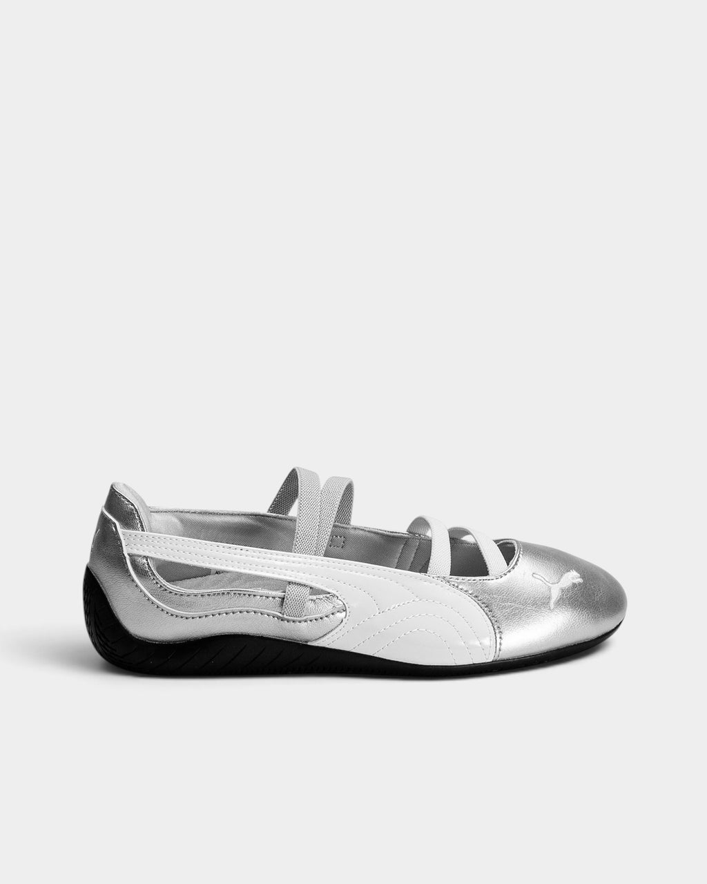 Lockwood Avenue Puma Speedcat Ballet metallic silver leather flat with white elastic straps and embroidered cat logo.
