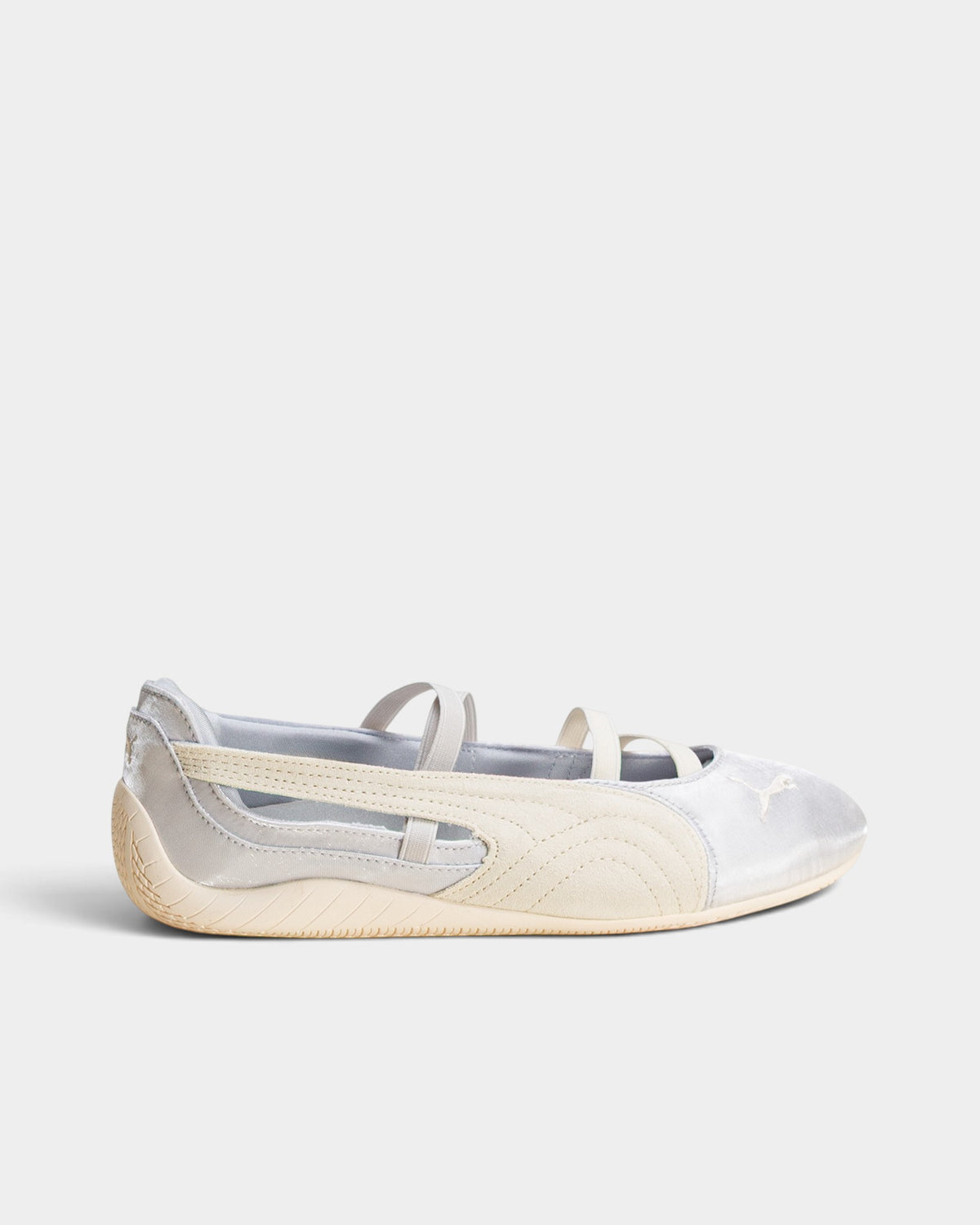 Lockwood Avenue Puma Speedcat Ballet satin shoes in silver mist with elastic straps and off-white suede Formstrip.