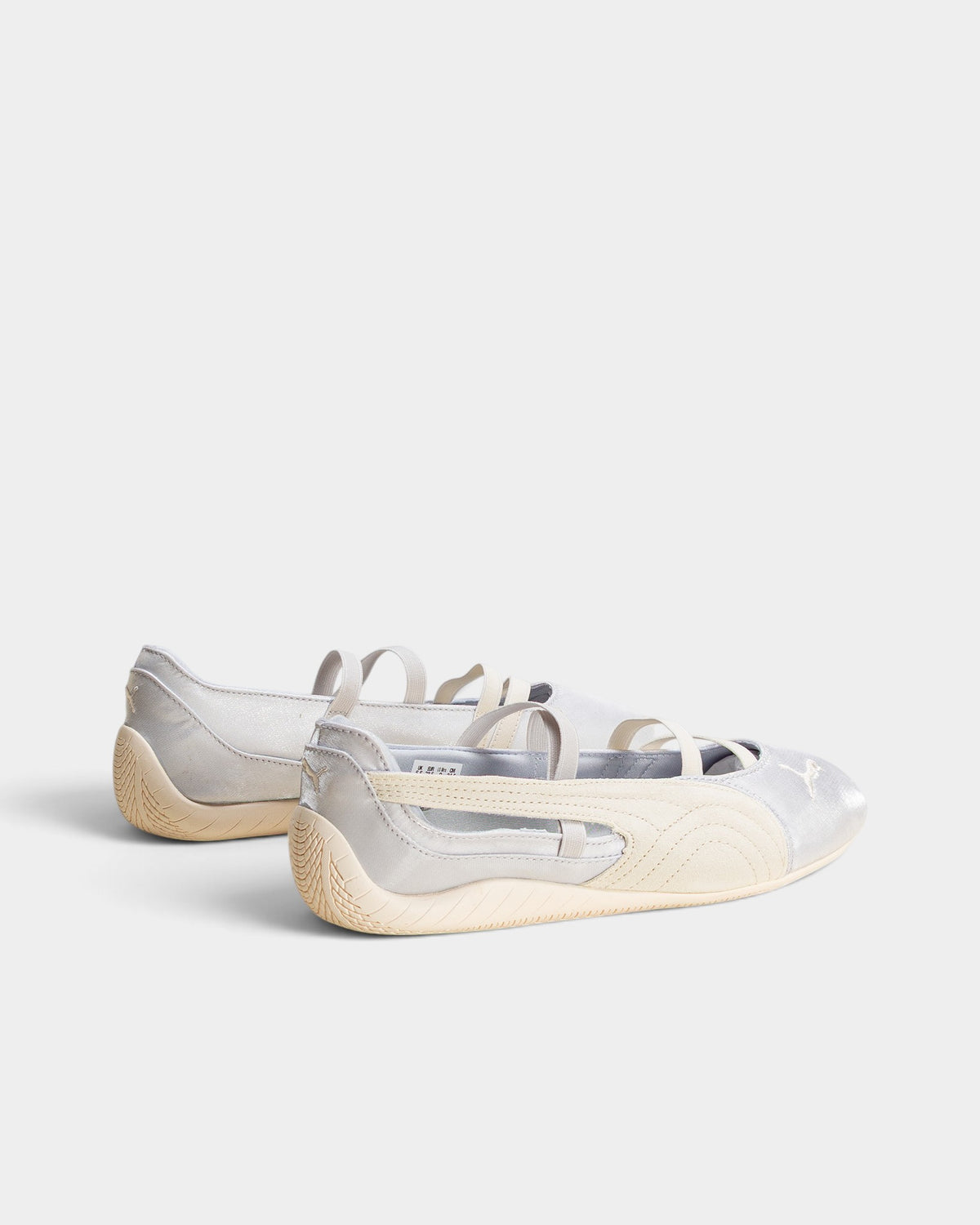 Lockwood Avenue Puma Speedcat Ballet flats in silver mist satin with elastic straps and off-white suede Formstrip.