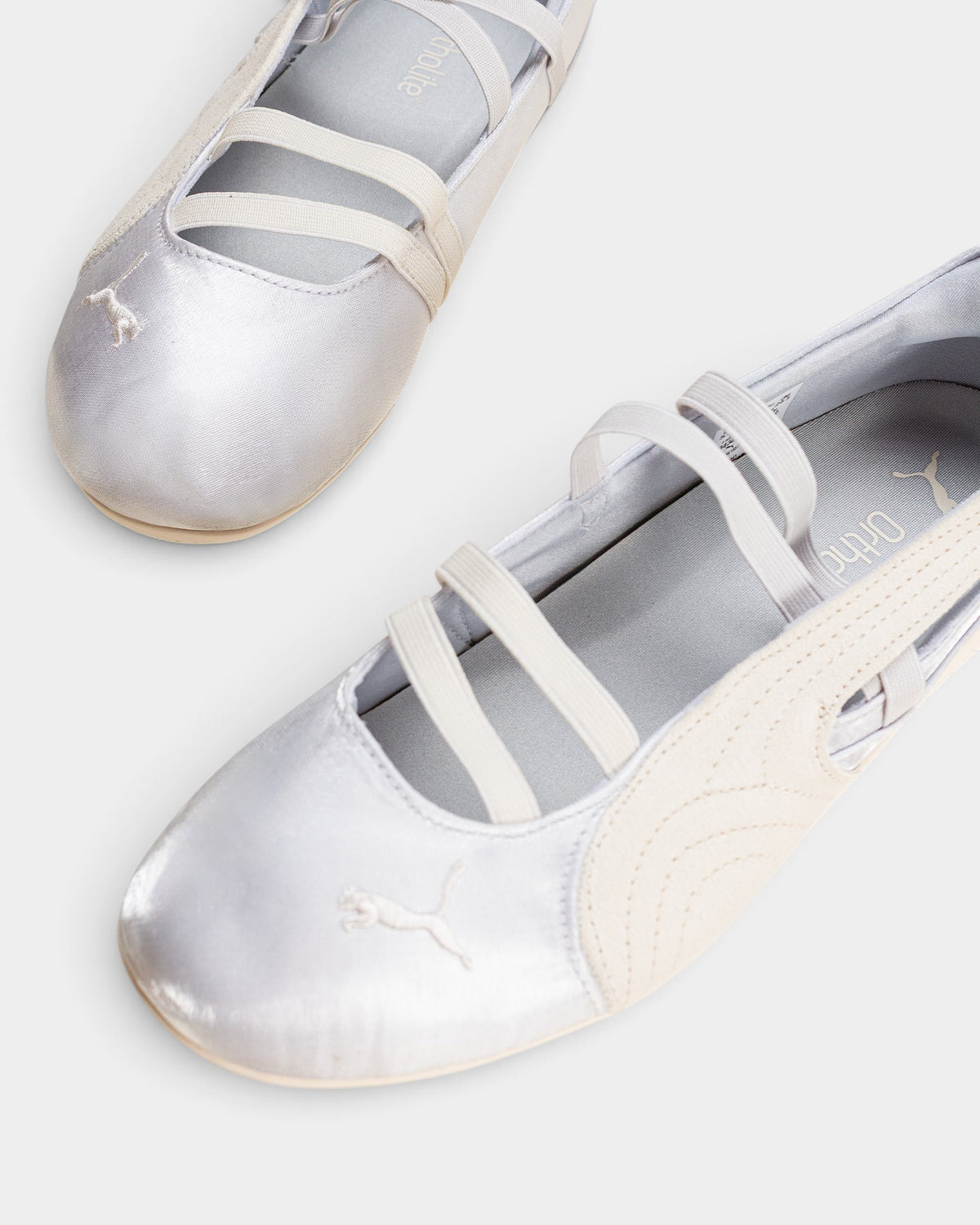 Lockwood Avenue Puma Speedcat Ballet flats in silver mist satin with elastic straps and off-white suede Formstrip.