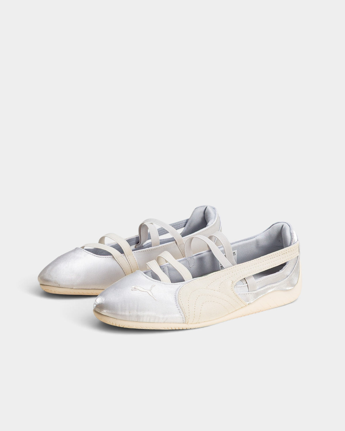 Lockwood Avenue Puma Speedcat Ballet flats in silver mist satin with elastic straps and off-white suede Formstrip.