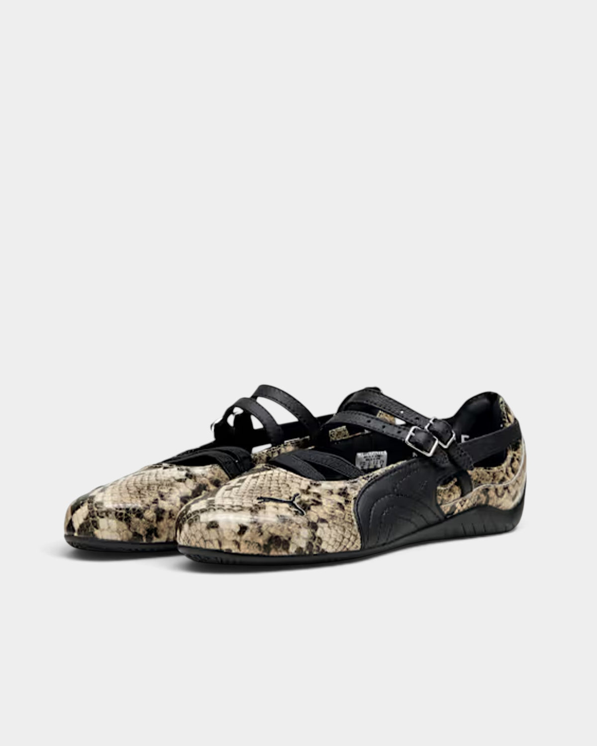 Lockwood Avenue Puma Speedcat Ballet shoes in black and vapor gray snake-print synthetic with a buckle strap.