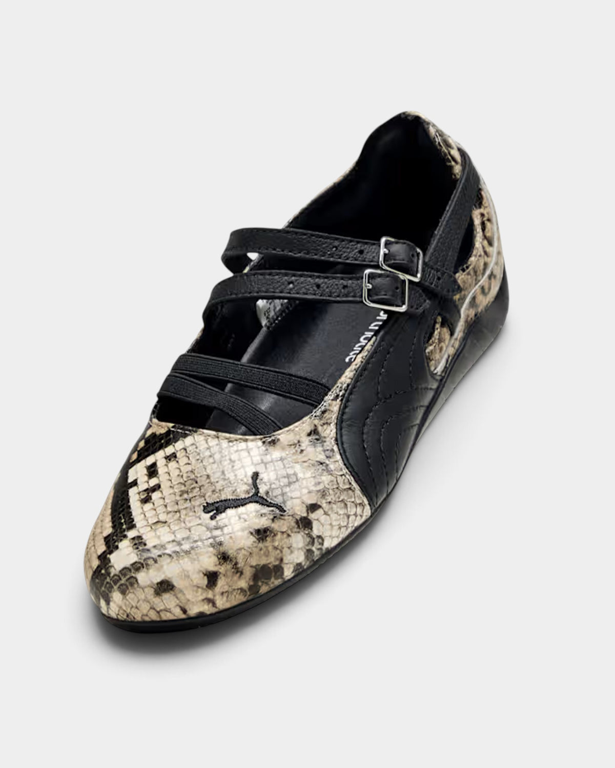 Lockwood Avenue Puma Speedcat Ballet shoes in black and vapor gray snake-print synthetic with double buckle straps.