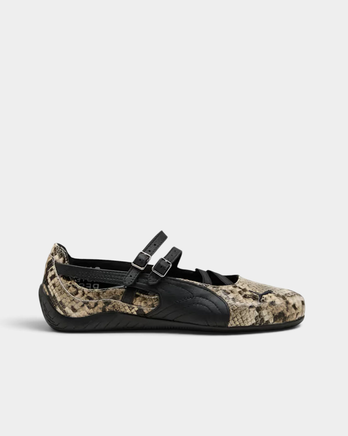 Lockwood Avenue Puma Speedcat Ballet Snake shoes in black and vapor gray with a buckle strap and synthetic texture.