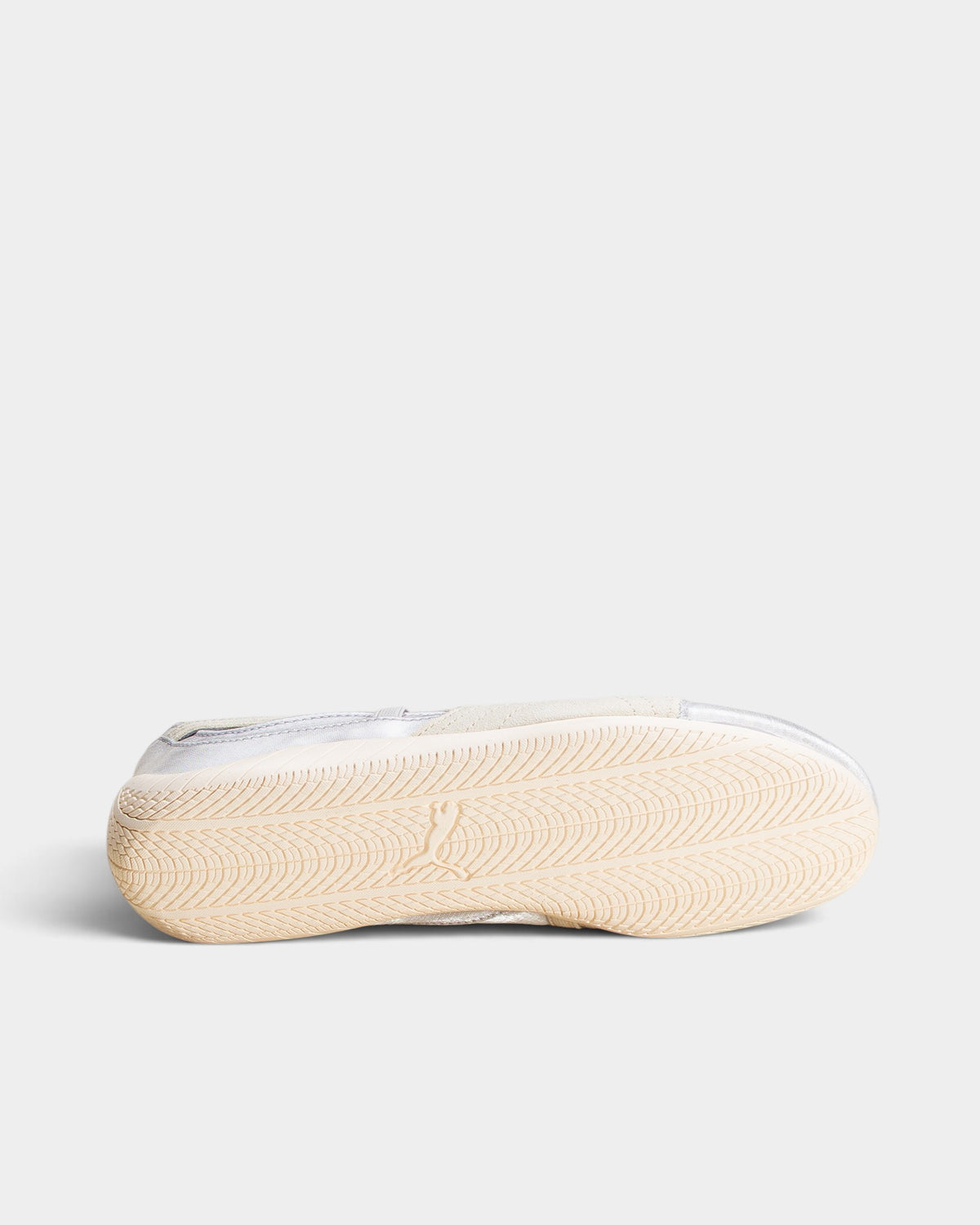 Lockwood Avenue Puma Speedcat Ballet flat in silver satin with a textured off-white rubber sole, bottom view.