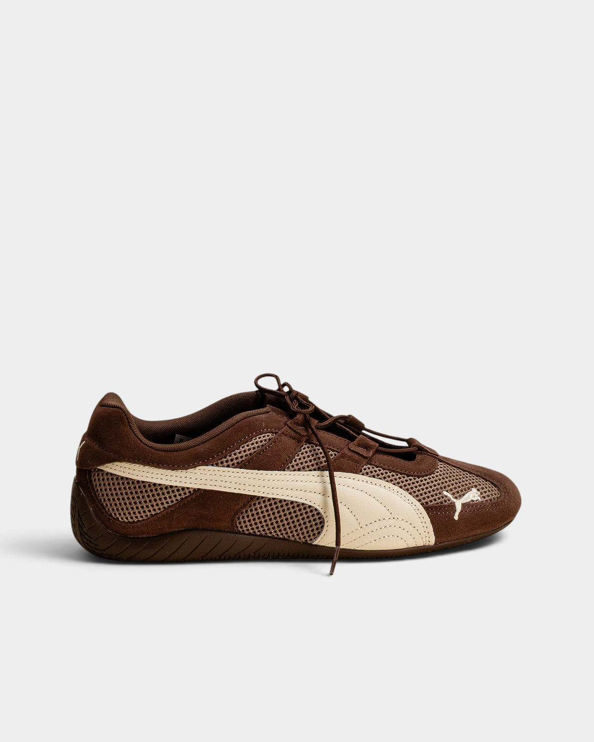 Lockwood Avenue Puma Speedcat GO sneakers in chocolate brown suede and mesh with alpine snow white detailing.