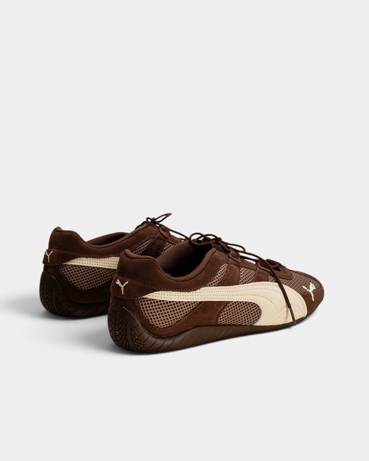 Lockwood Avenue Puma Speedcat GO sneakers in chocolate brown suede and mesh with alpine snow white accents