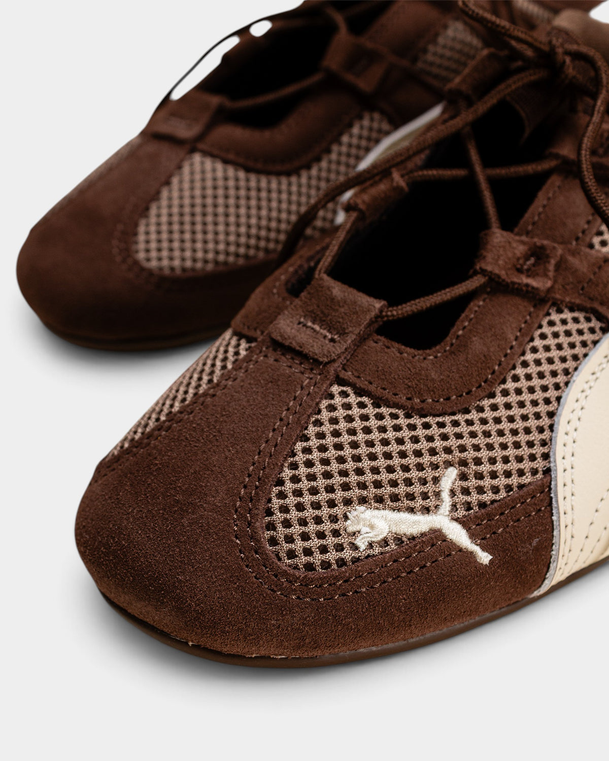 Lockwood Avenue Puma Speedcat GO sneakers in chocolate brown suede and mesh with alpine snow white accents
