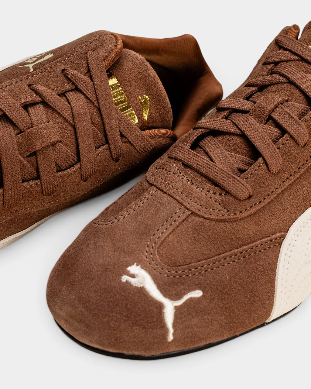Lockwood Avenue Puma Speedcat OG shoes in Haute Coffee brown suede with ivory accents and gold tongue logo